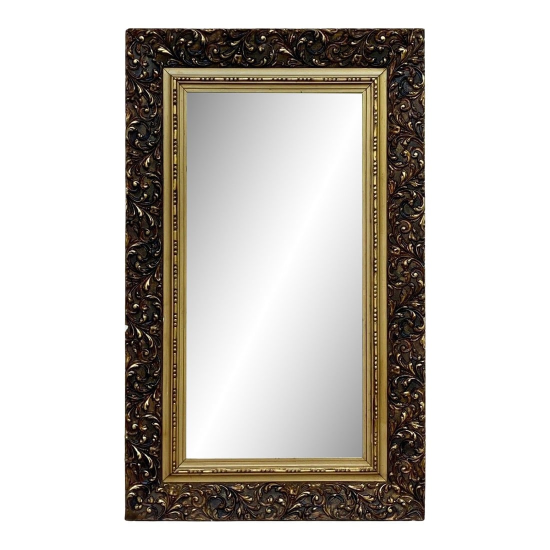 Vintage French Mirror with Gold Frame: The mirror is wonderfully stained and the frame has been restored at some point, but this is historical as shown in the photos. I will add boards on the back for safe transport along with fixings so I