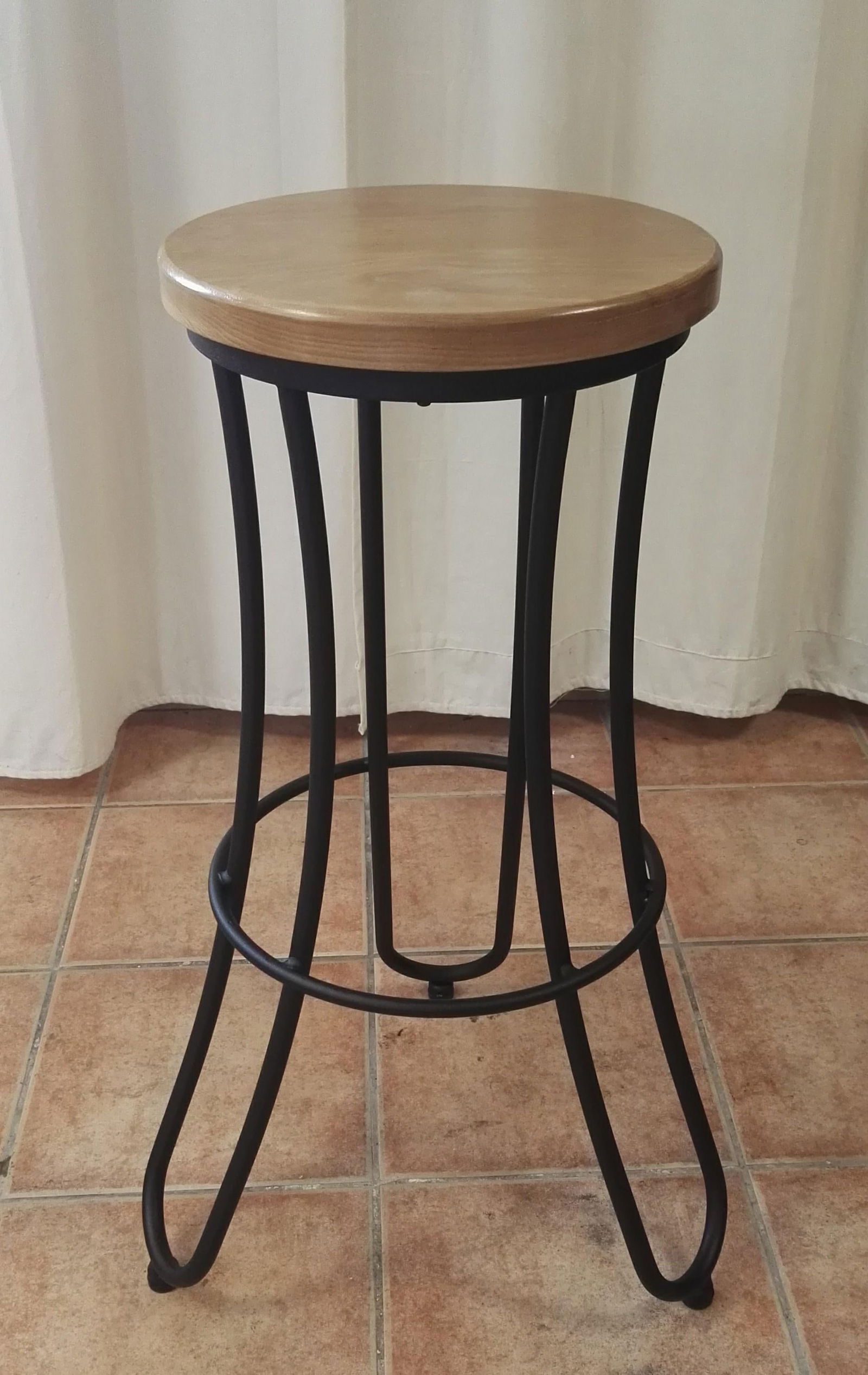 New Industrial Wrought Iron Shop Stool with Oak Seat - 3