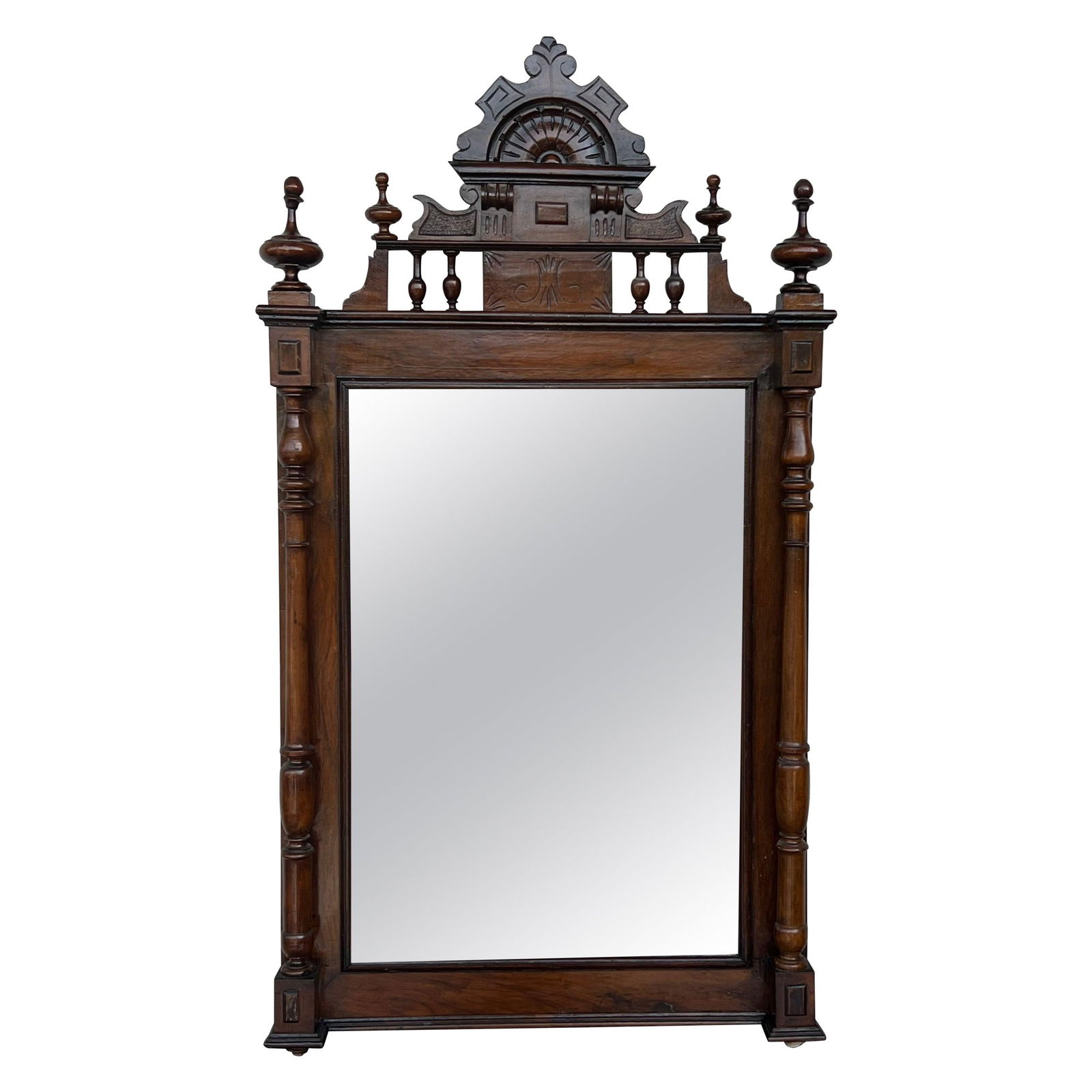 Early 20th French Ebonized Mirror with Turned Columns and High Carved Details - 15
