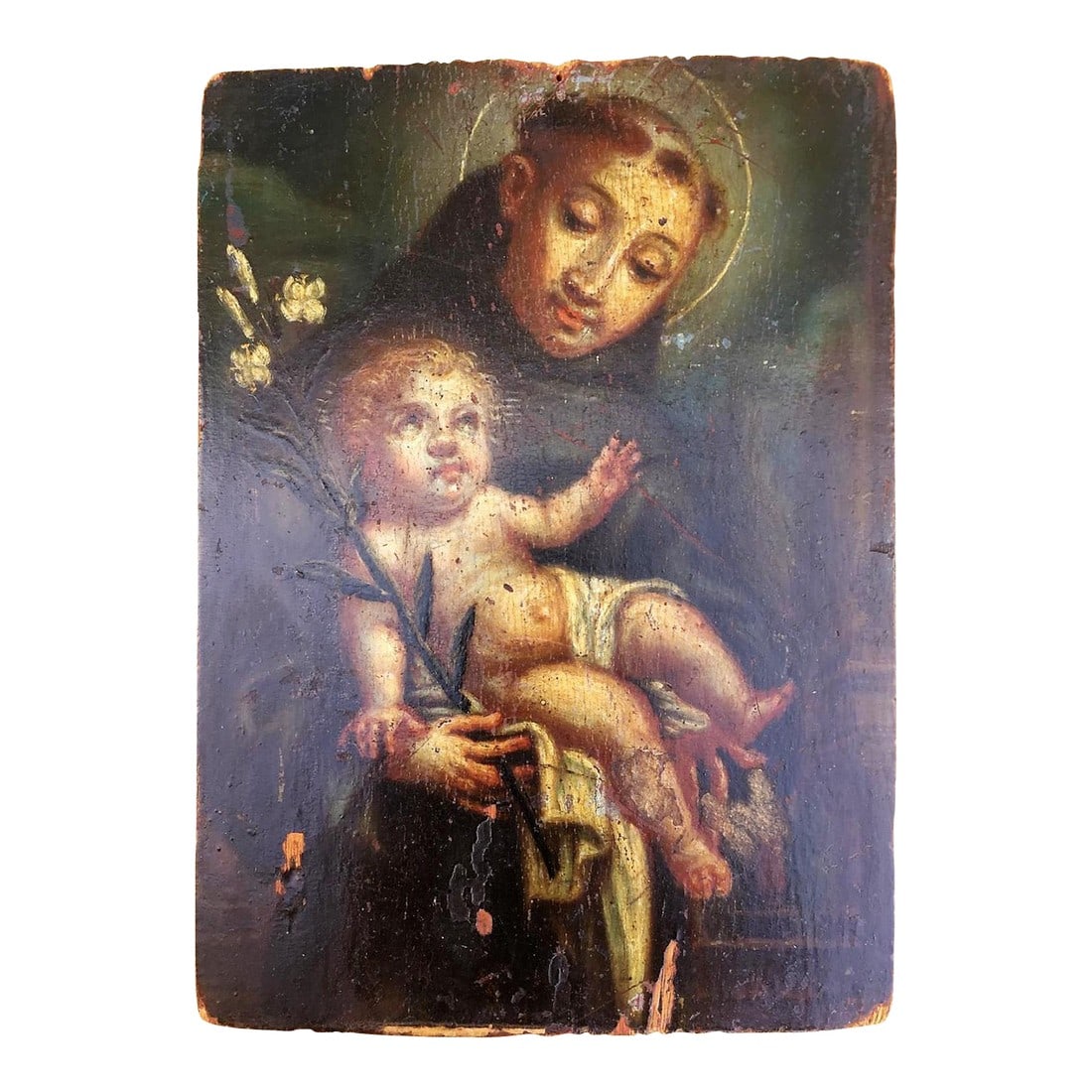 17th Century Original Oil on Wood Panel of St. Anthony of Padua: Original oil on panel of Saint offering the Child, by an unidentified artist. --This painting represents St. Anthony of Padua. The scene is one that is often chosen to represent him: his fellow
