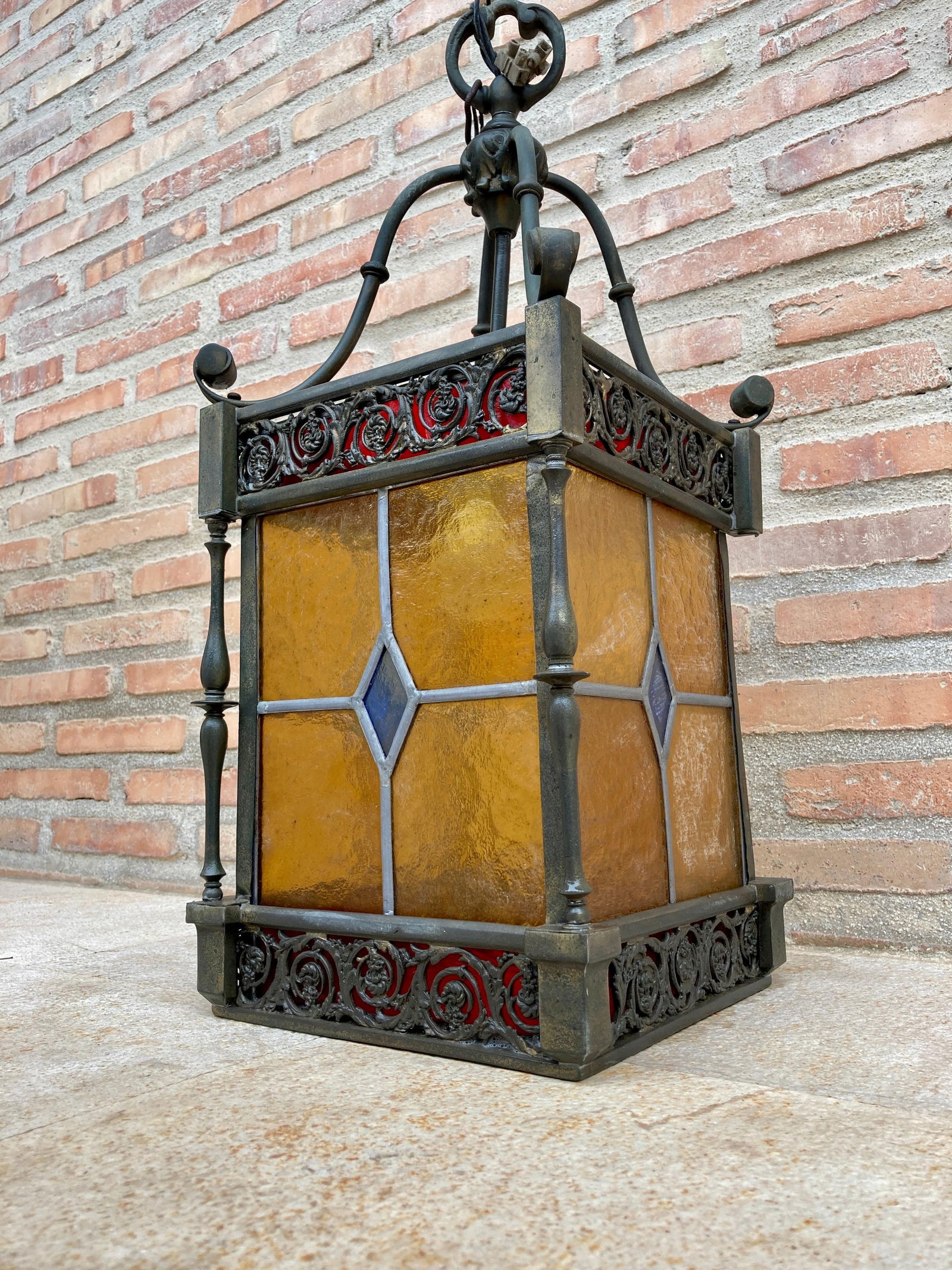Wrought Iron and Stained Glass Ceiling Lantern Lamp, 1950s - 11