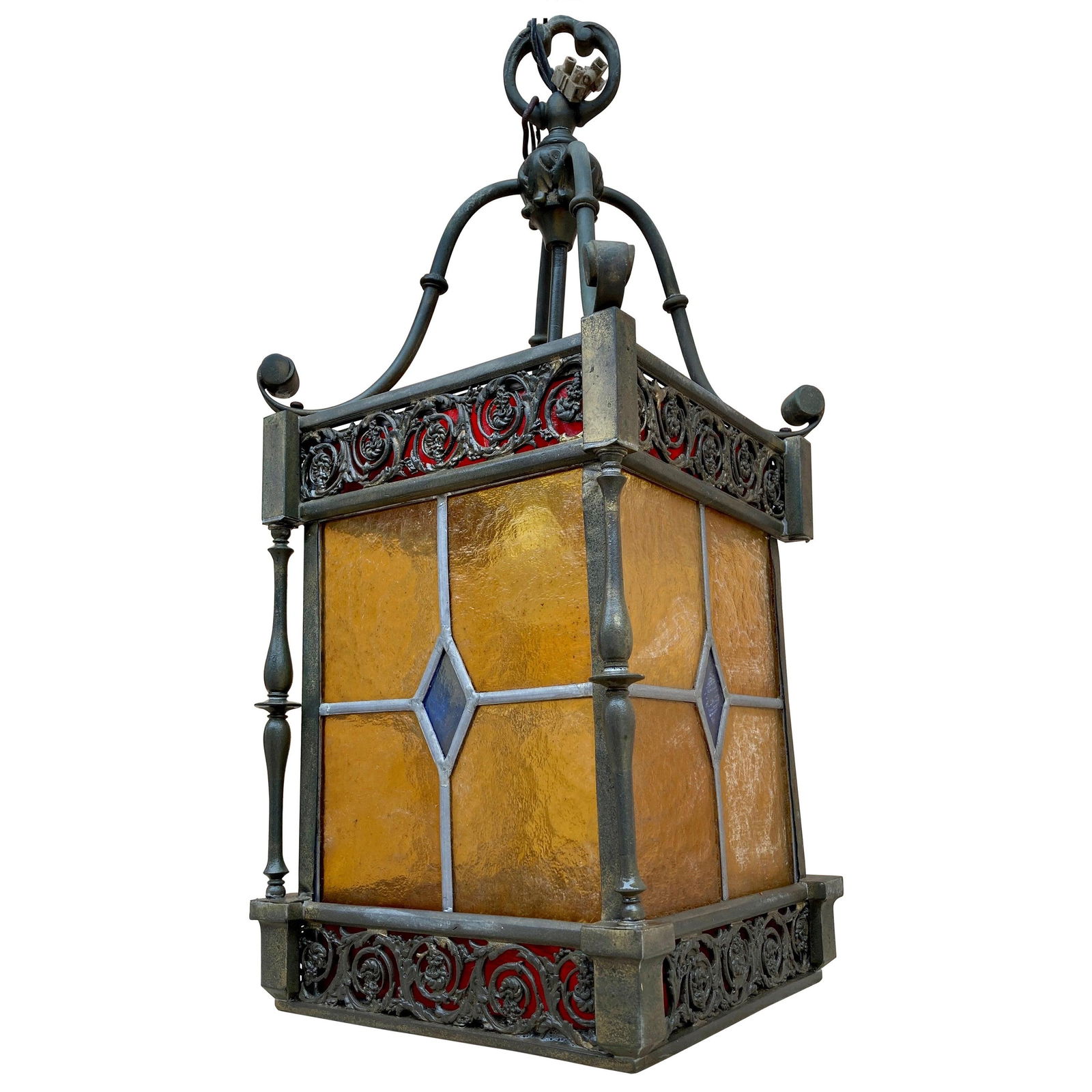 Wrought Iron and Stained Glass Ceiling Lantern Lamp, 1950s - 15