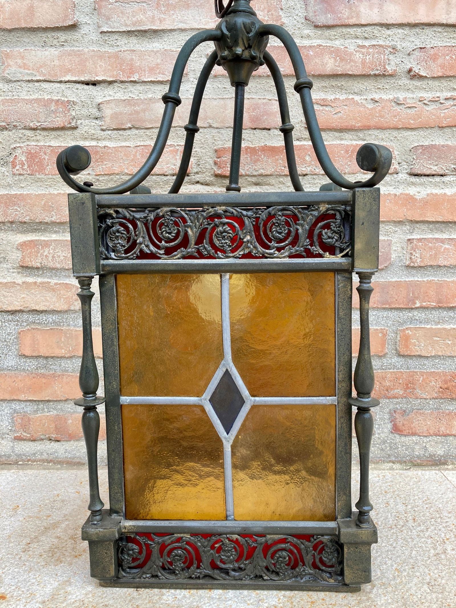 Wrought Iron and Stained Glass Ceiling Lantern Lamp, 1950s - 17