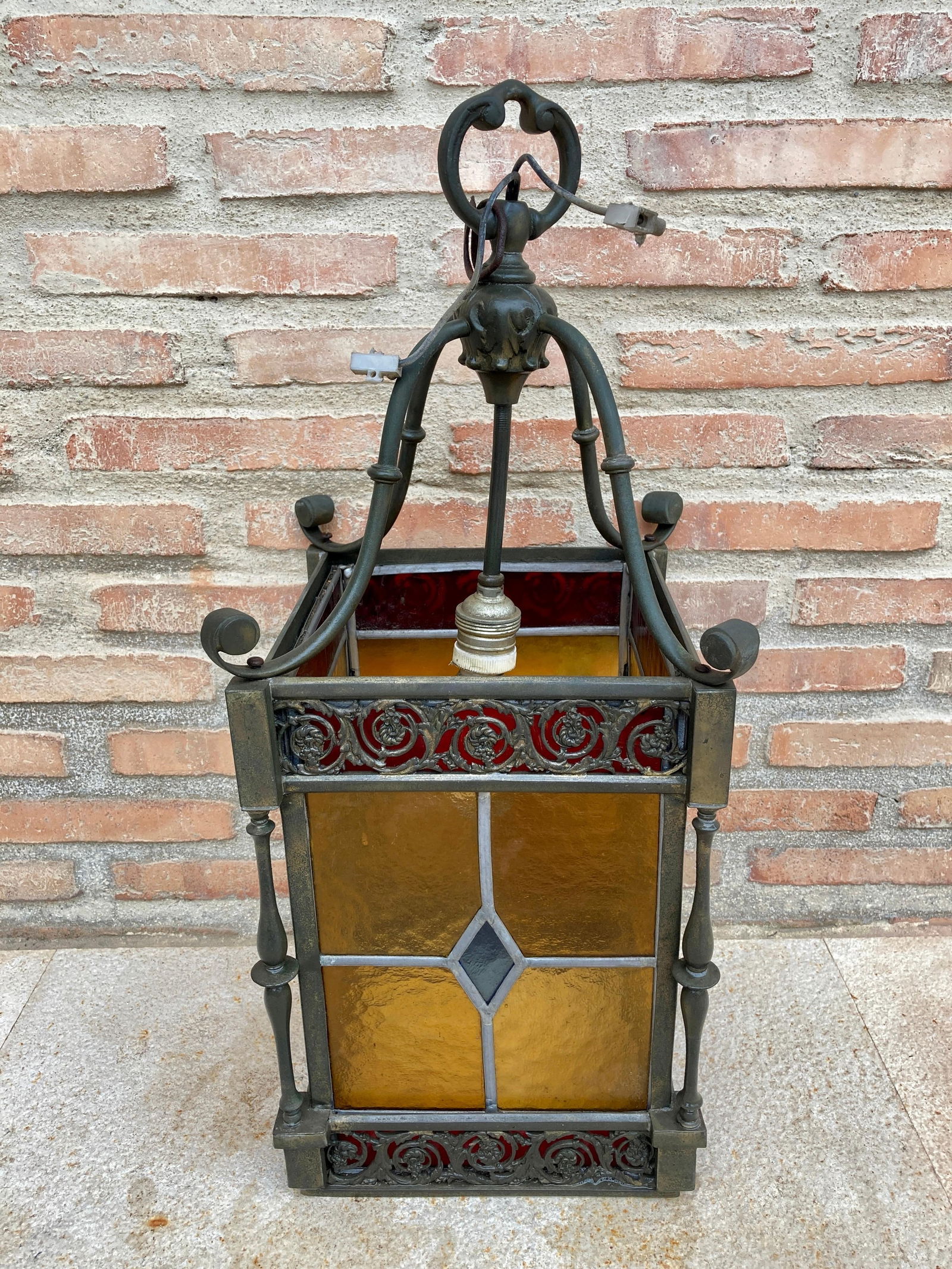Wrought Iron and Stained Glass Ceiling Lantern Lamp, 1950s - 18
