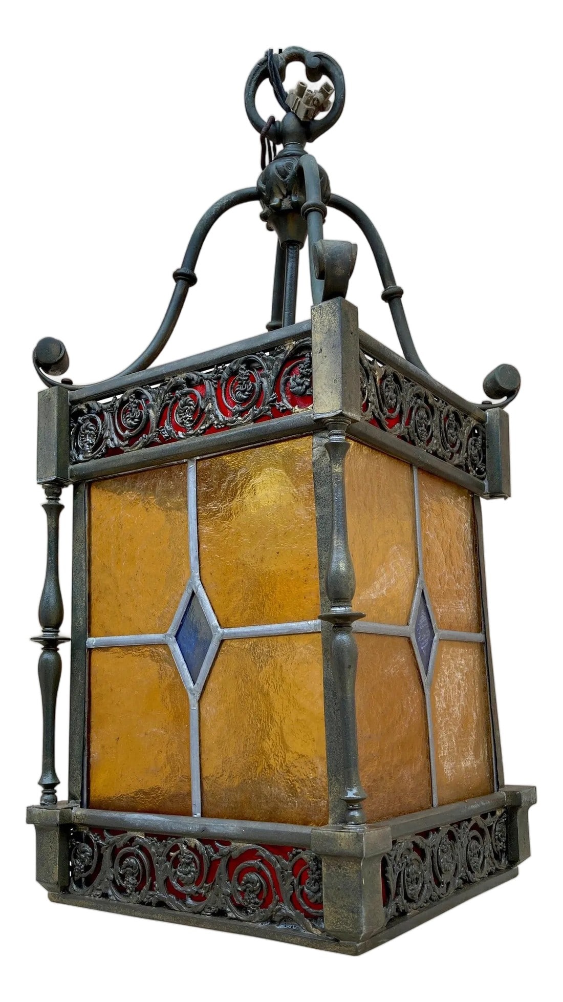 Wrought Iron and Stained Glass Ceiling Lantern Lamp, 1950s: Antique wrought iron and stained glass ceiling lantern lamp Old outdoor lantern lamp with wrought iron ceiling and colored glass. Wrought iron lantern with good ornamental work, it serves both for int