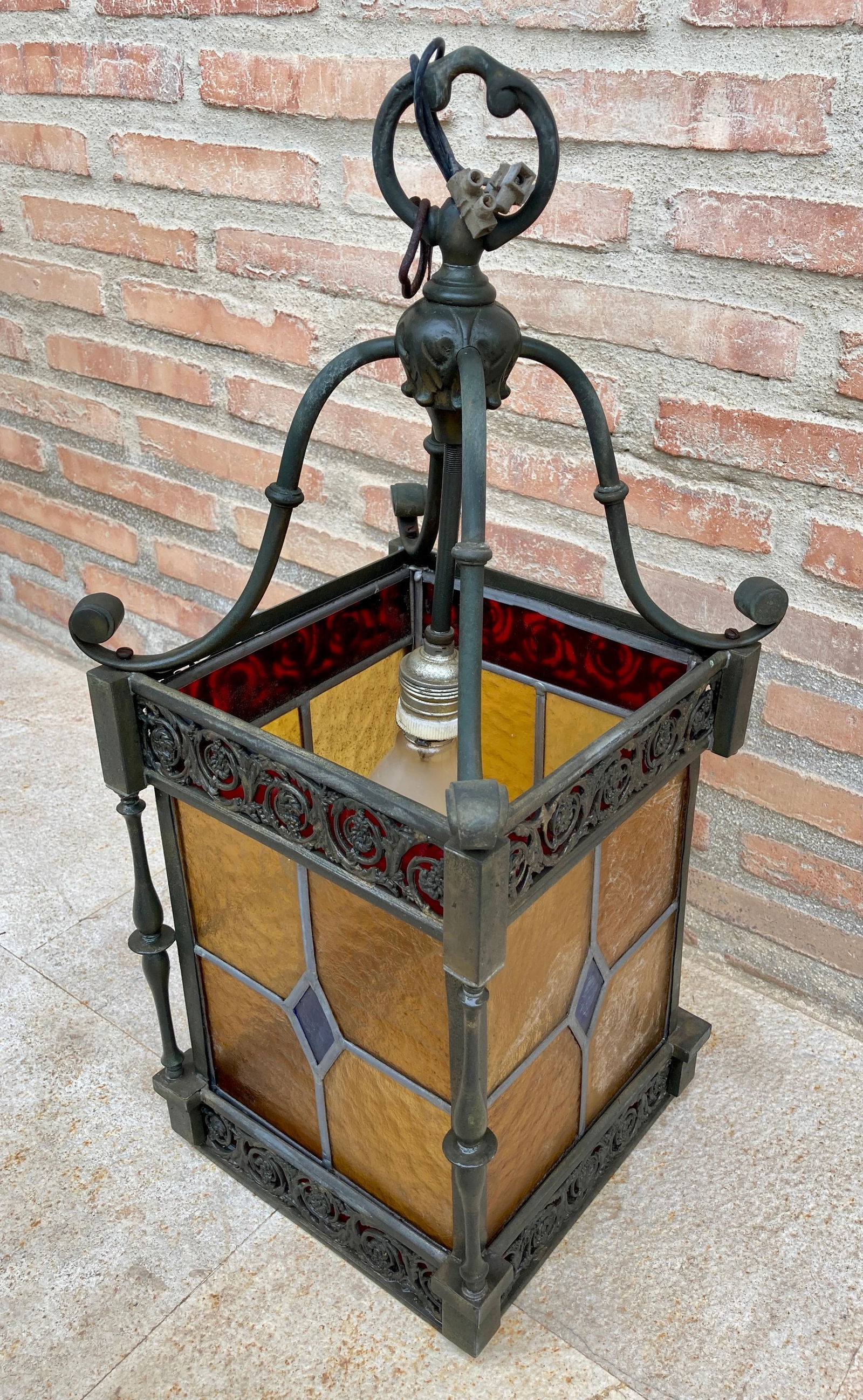 Wrought Iron and Stained Glass Ceiling Lantern Lamp, 1950s - 2