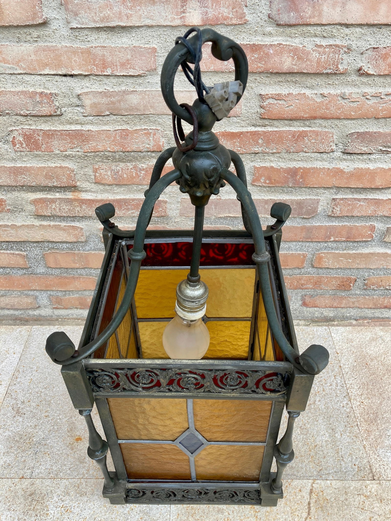 Wrought Iron and Stained Glass Ceiling Lantern Lamp, 1950s - 5