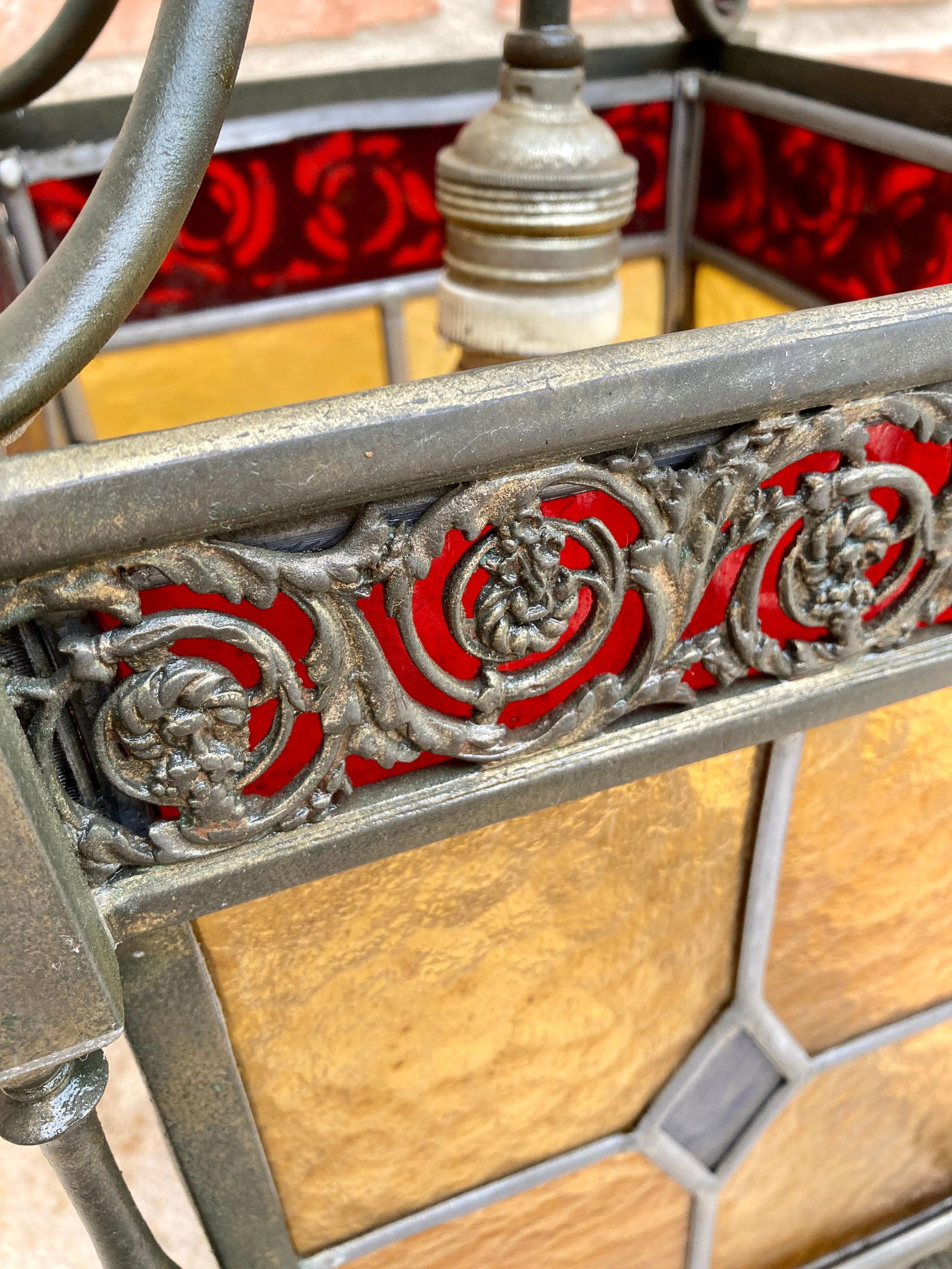 Wrought Iron and Stained Glass Ceiling Lantern Lamp, 1950s - 6