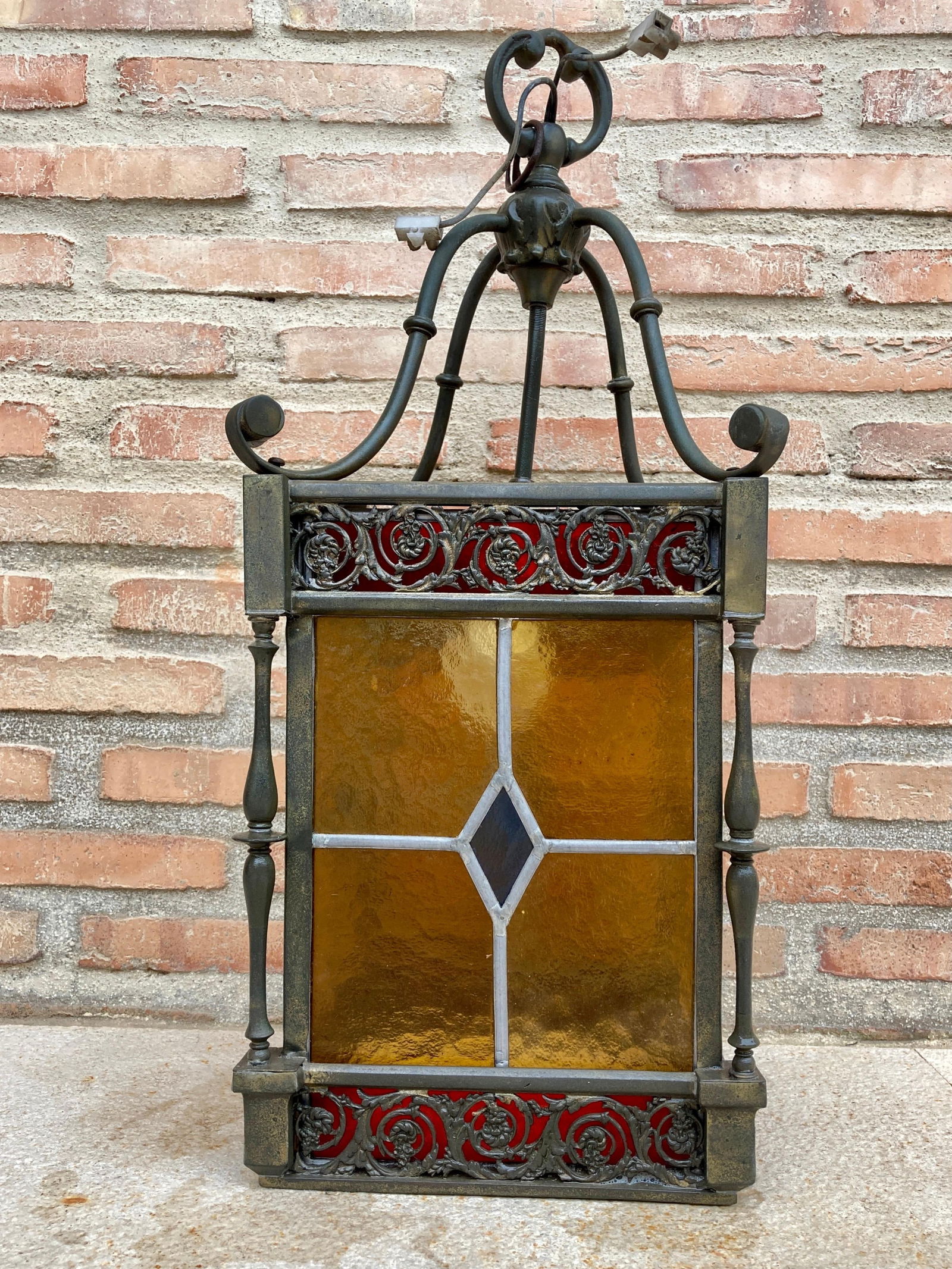 Wrought Iron and Stained Glass Ceiling Lantern Lamp, 1950s - 9