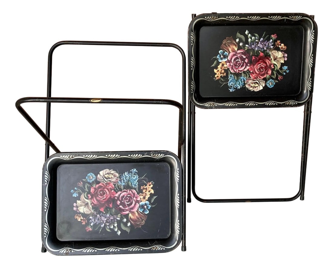 Early 20th Century Mid Century Modern Black Metal Serving Tray on Folding Stand by Crest Line: Two elegant antique metal butler trays in black, on an original stand dating to around 1960. Two good-size folding trays on an X-frame stand, all in an original finish. A quality and highly