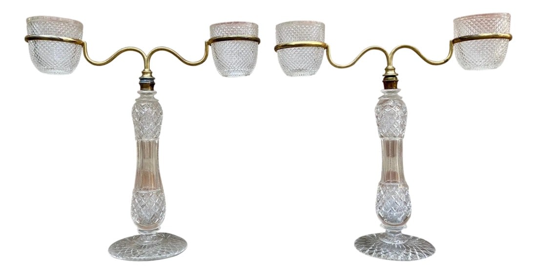 Late XIX Victorian Cut Glass Candleholder in Brass from Cricklite Clarke Trade: Late XIX pair of Victorian cut glass candle holders in brass from Cricklite Clarke trade. A rare late 19th century Cricklite Clarke Victorian candle holder comprising a cut glass base into which an ar