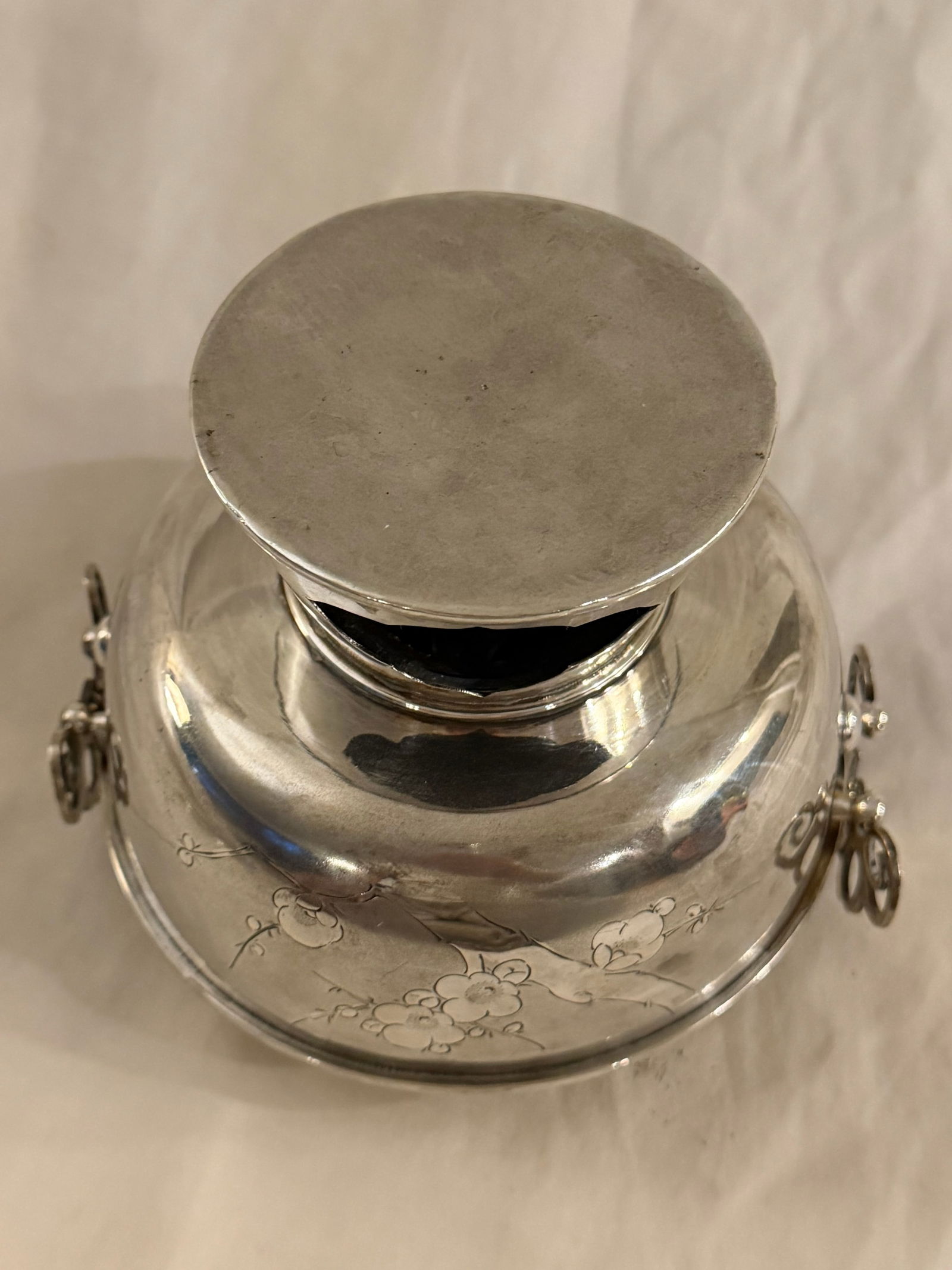 Antique Chinese Silver Huoguo Incense Burner – Floral Etched Design - 10