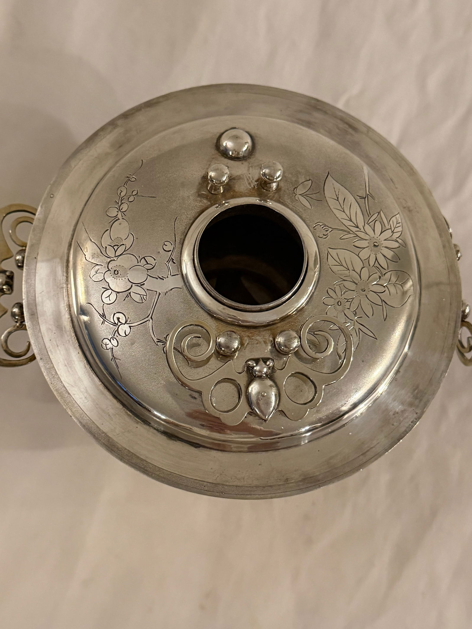 Antique Chinese Silver Huoguo Incense Burner – Floral Etched Design - 11