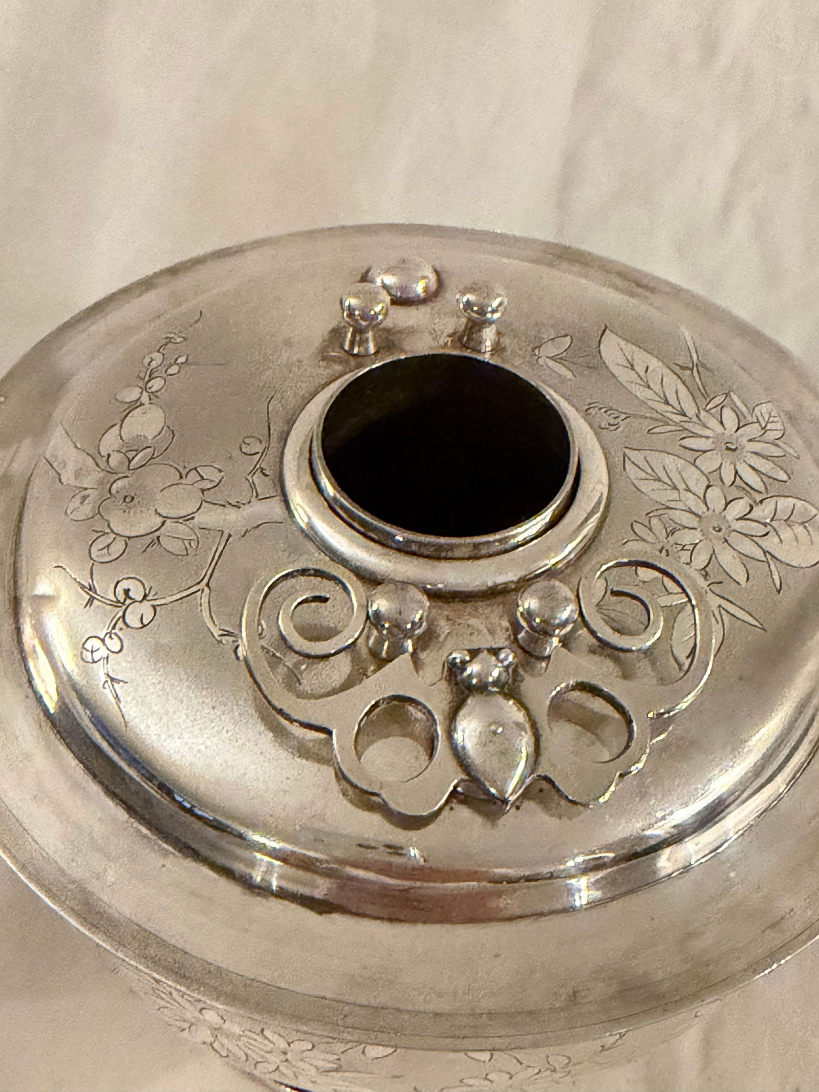 Antique Chinese Silver Huoguo Incense Burner – Floral Etched Design - 3