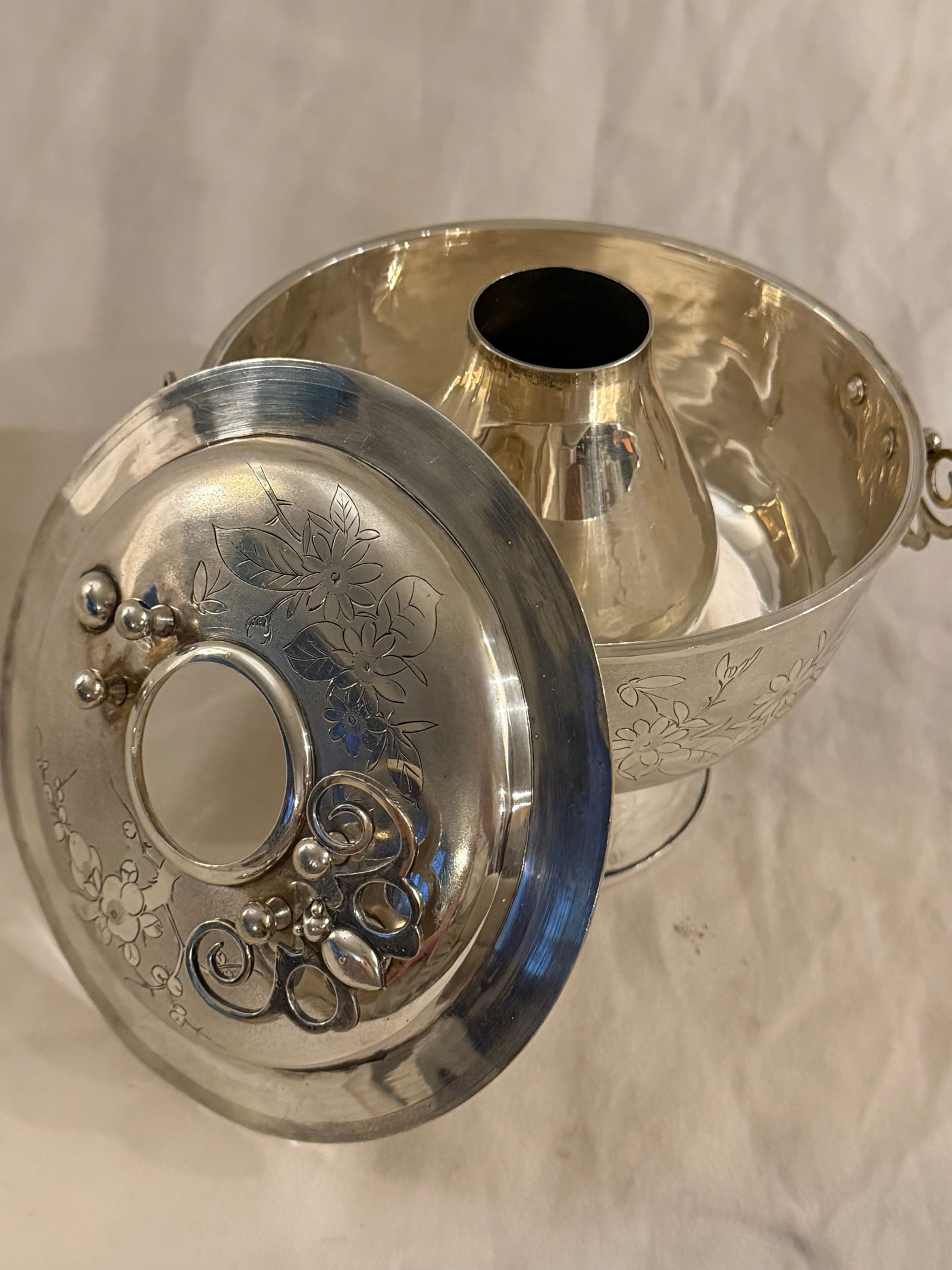 Antique Chinese Silver Huoguo Incense Burner – Floral Etched Design - 5