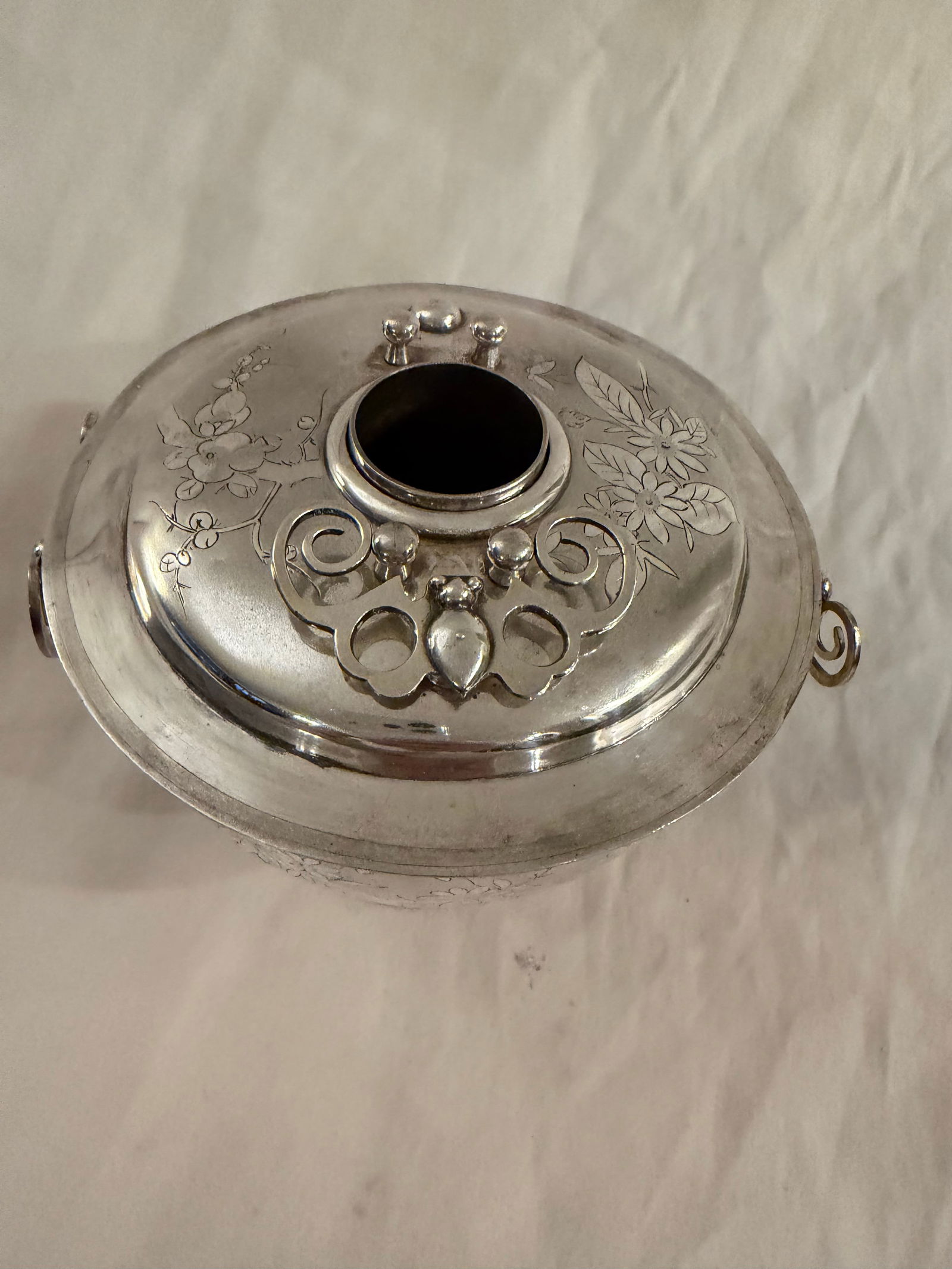 Antique Chinese Silver Huoguo Incense Burner – Floral Etched Design - 7
