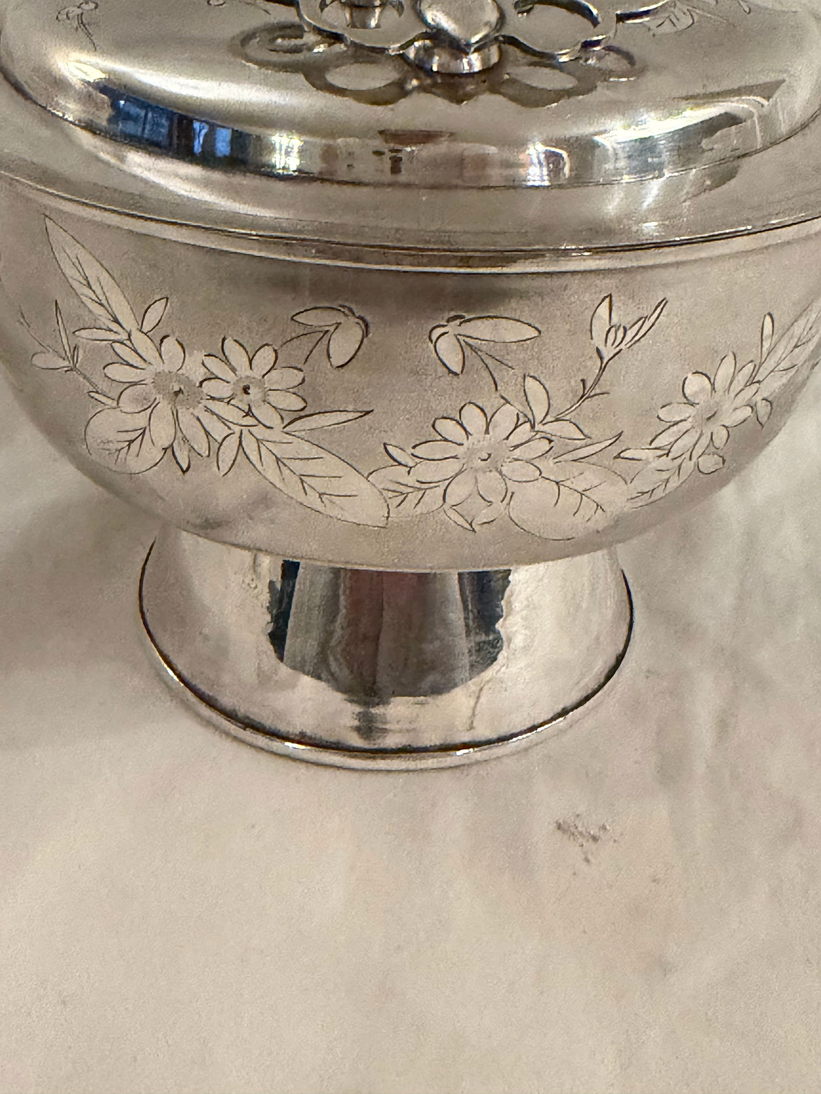 Antique Chinese Silver Huoguo Incense Burner – Floral Etched Design - 8
