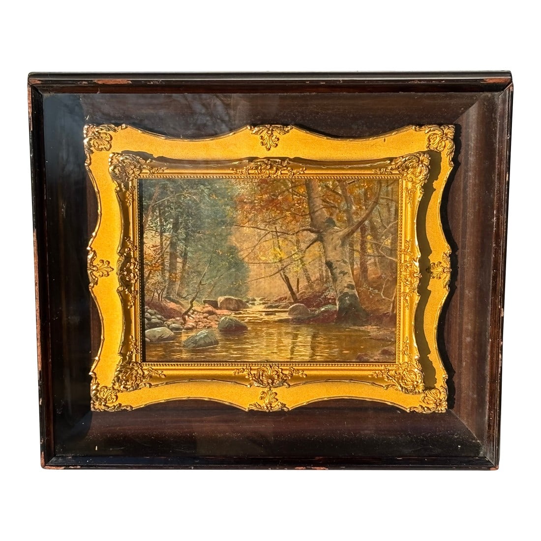 19th C. Original Oil on Board - Well-Executed With Unusual + Highly Detailed Gilt Frame in Frame Art: 19th. C. landscape original oil on board in a period original "frame in frame" presentation. Likely France or England, with amazing hand carved detailing surrounding a very finely executed
