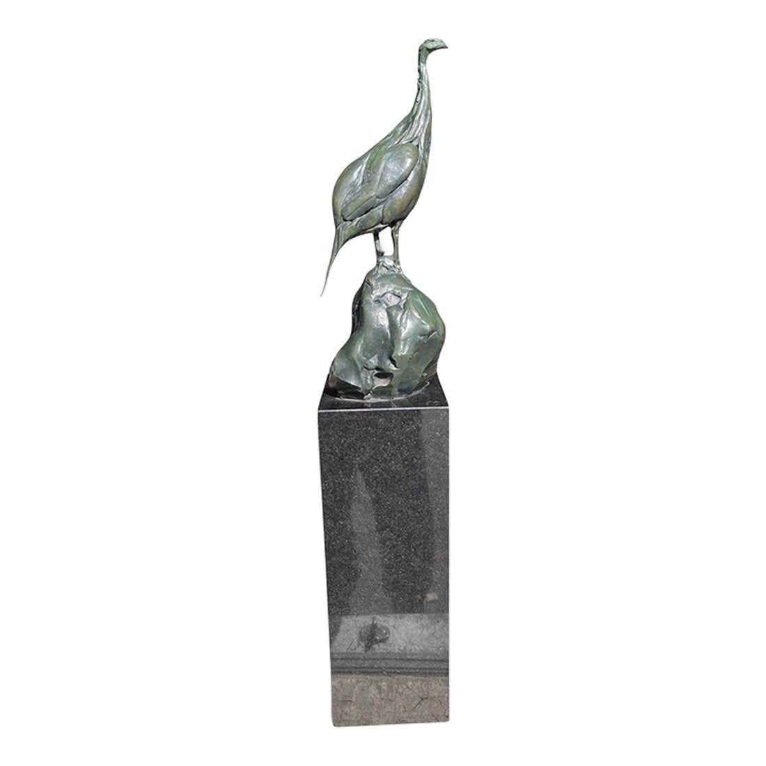 1980s Bart Walter's (American 20th Century ) Bronze Turkey Sculpture on Marble Pedestal. Signed 1: A striking modernist bronze, turkey sculpture by Bart Walters, mounted a top, a tall marble pedestal. The elongated form and verdigris patina exemplify Walters, refined approach to animals sculpture,