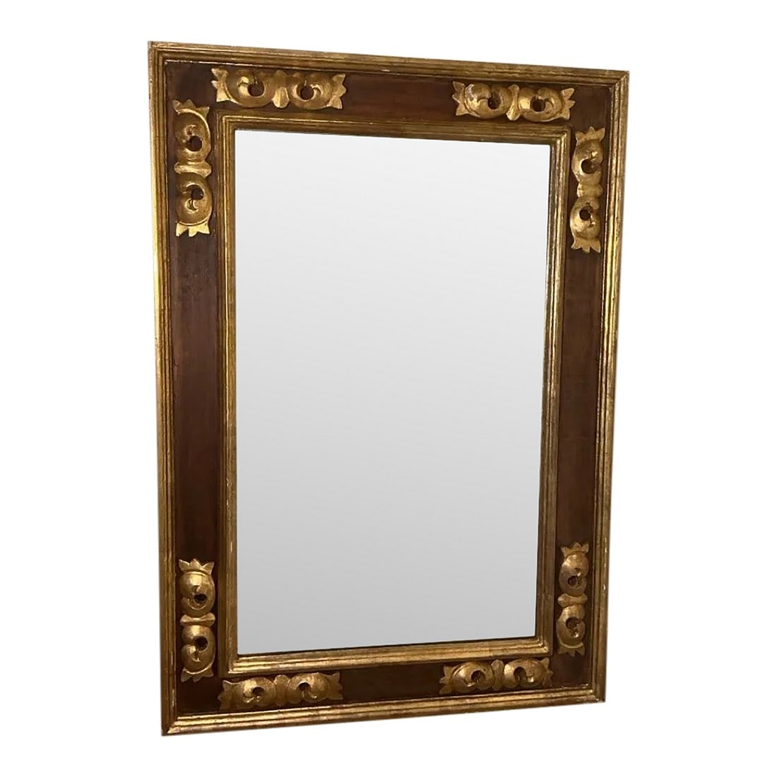 Antique Giltwood Mirror With Pomegranate Motifs, Italian Florentine Style, Circa 1920s: Elevate your space with this striking antique wall mirror, featuring a richly carved wooden frame adorned with bold, three-dimensional gilt appliques in the form of stylized pomegranates"”an