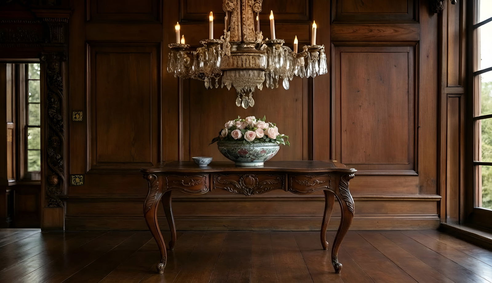 Vintage French Louis XV Style Carved Walnut Writing Desk With Leather Top - 2