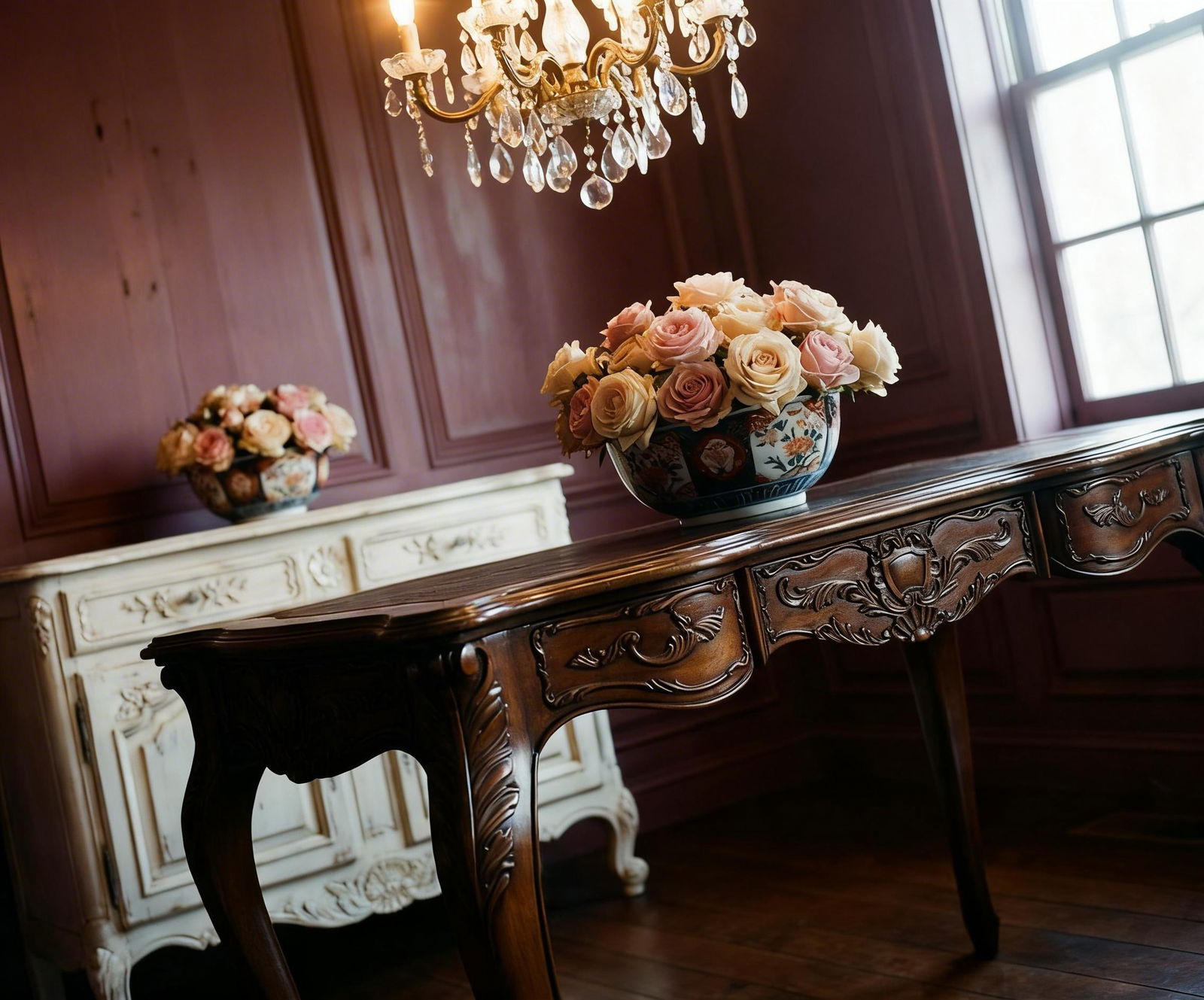 Vintage French Louis XV Style Carved Walnut Writing Desk With Leather Top - 3