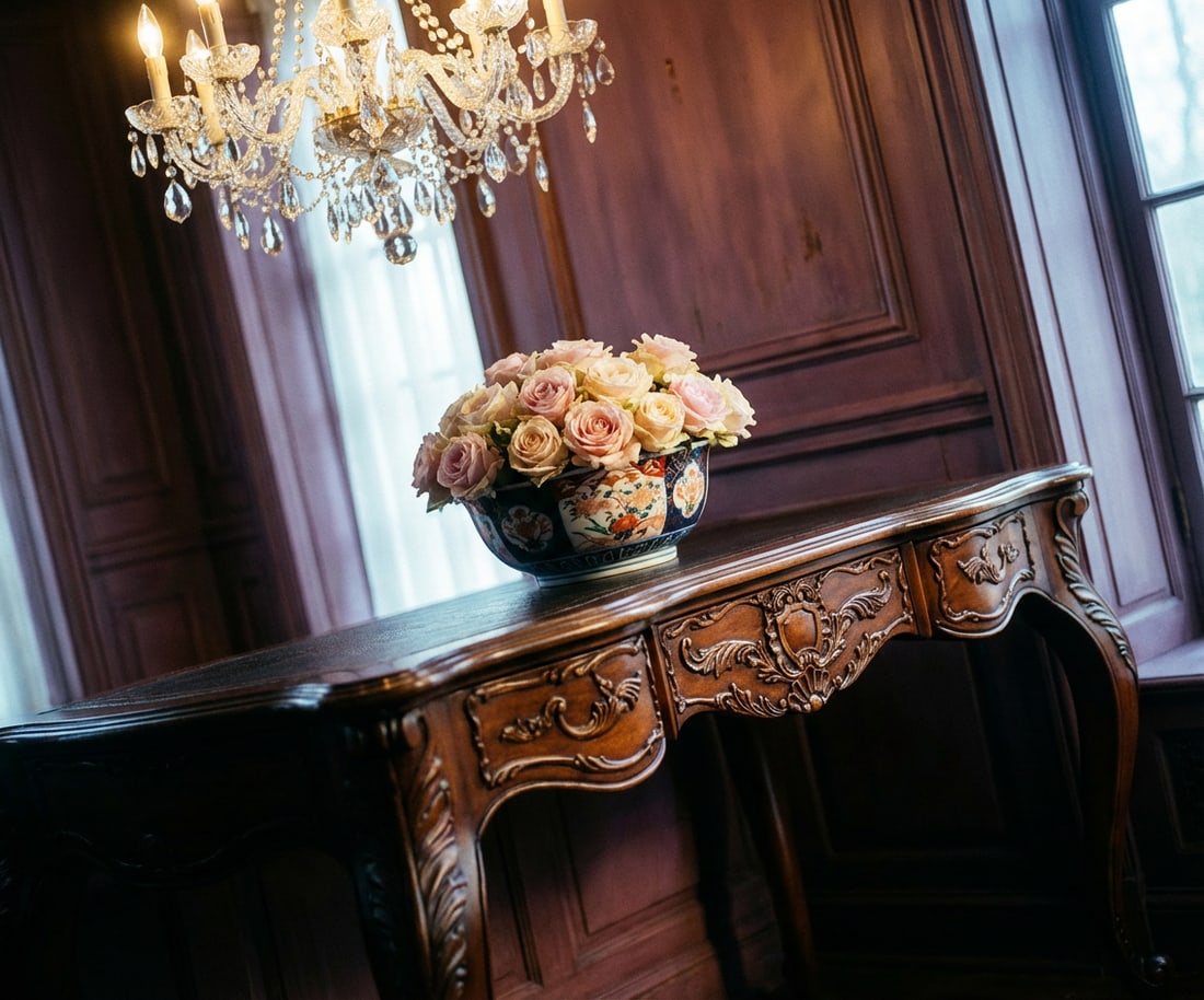 Vintage French Louis XV Style Carved Walnut Writing Desk With Leather Top - 5