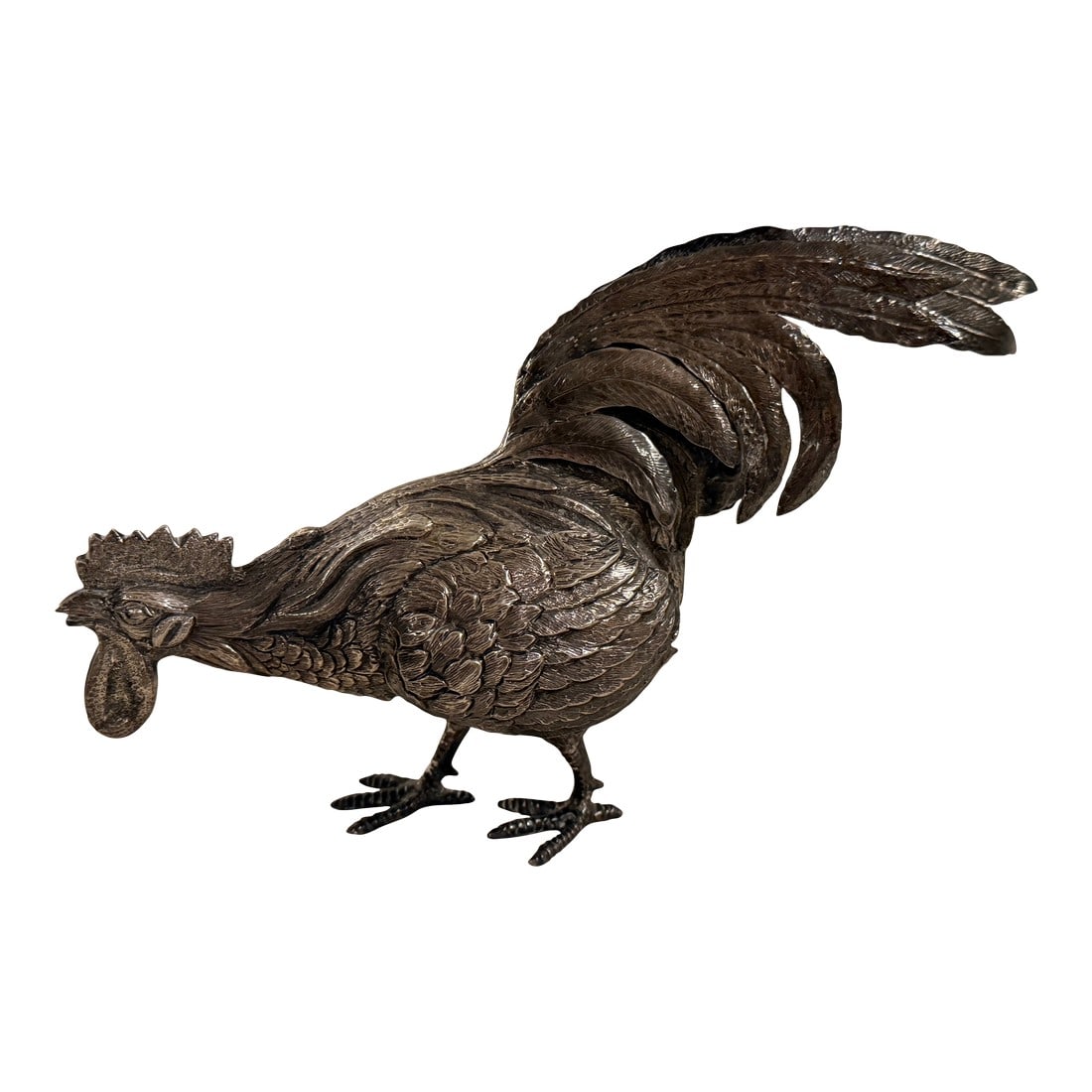 Mid-20th Century Spanish 915 Silver Chicken Figurine With Detailed Feather Work: Mid-20th century Spanish 915 silver chicken figurine modeled in a naturalistic form with finely detailed feather work. A well-executed decorative piece reflecting traditional Spanish silver