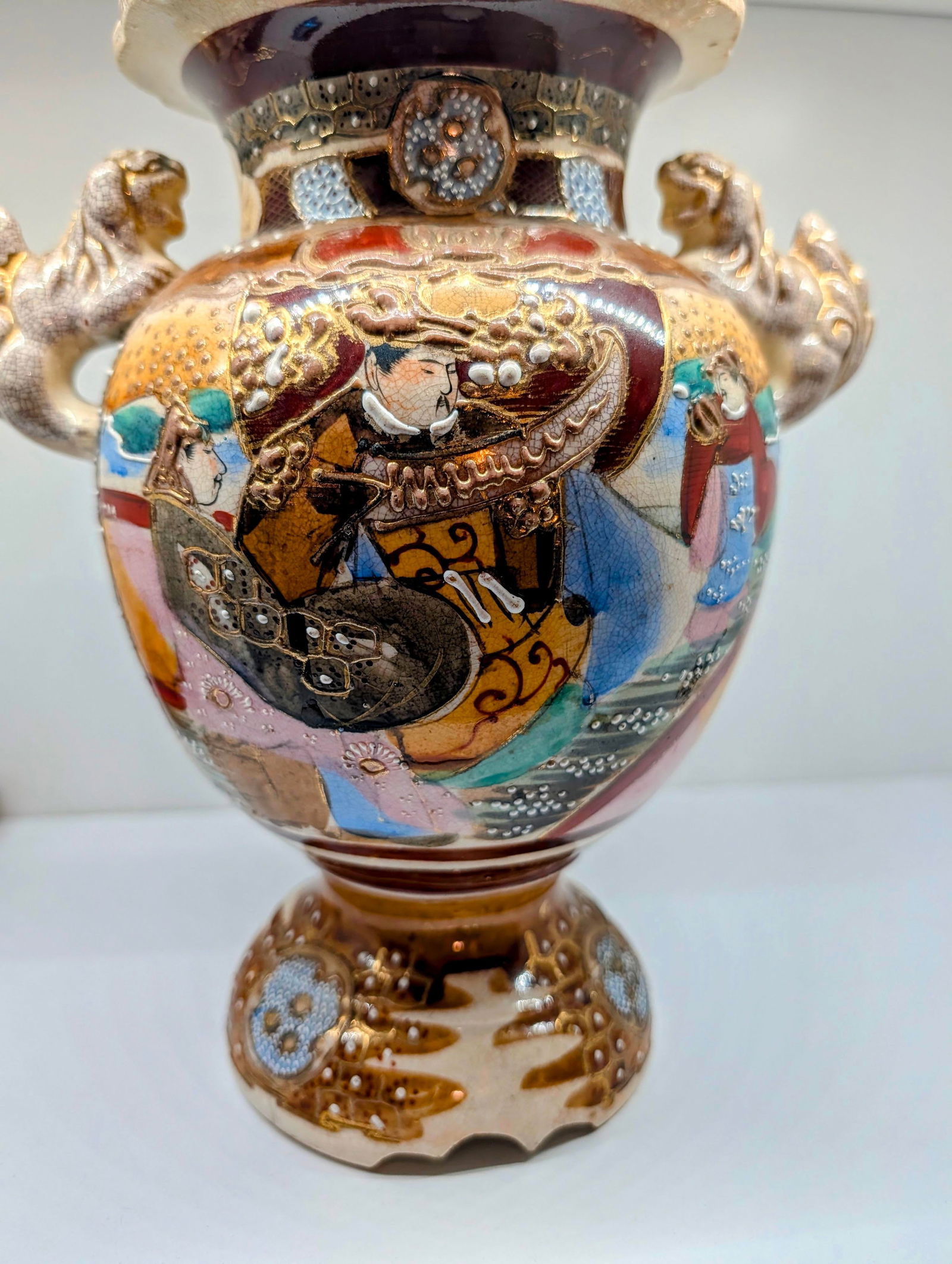 Antique Japanese Satsuma Moriage Vase With Samurai Scene & Figural Handles – 14" - 10