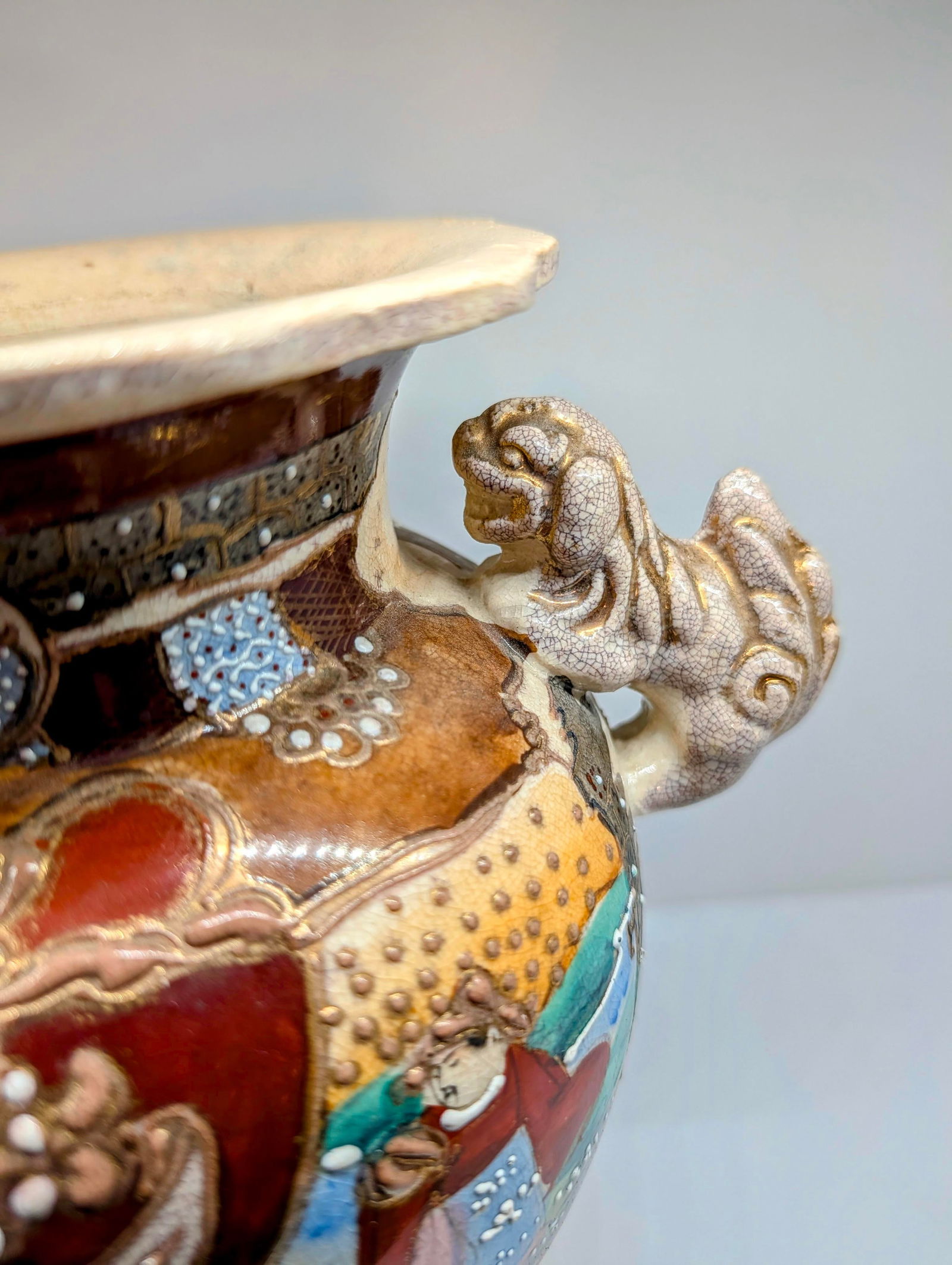 Antique Japanese Satsuma Moriage Vase With Samurai Scene & Figural Handles – 14" - 11