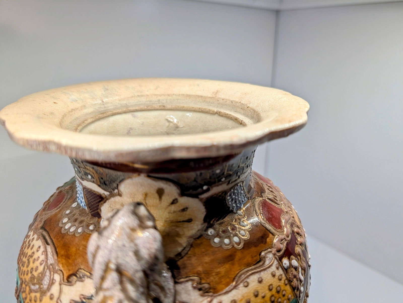 Antique Japanese Satsuma Moriage Vase With Samurai Scene & Figural Handles – 14" - 13