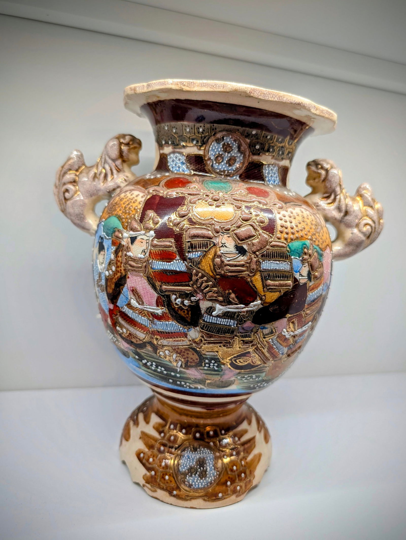 Antique Japanese Satsuma Moriage Vase With Samurai Scene & Figural Handles – 14" - 14