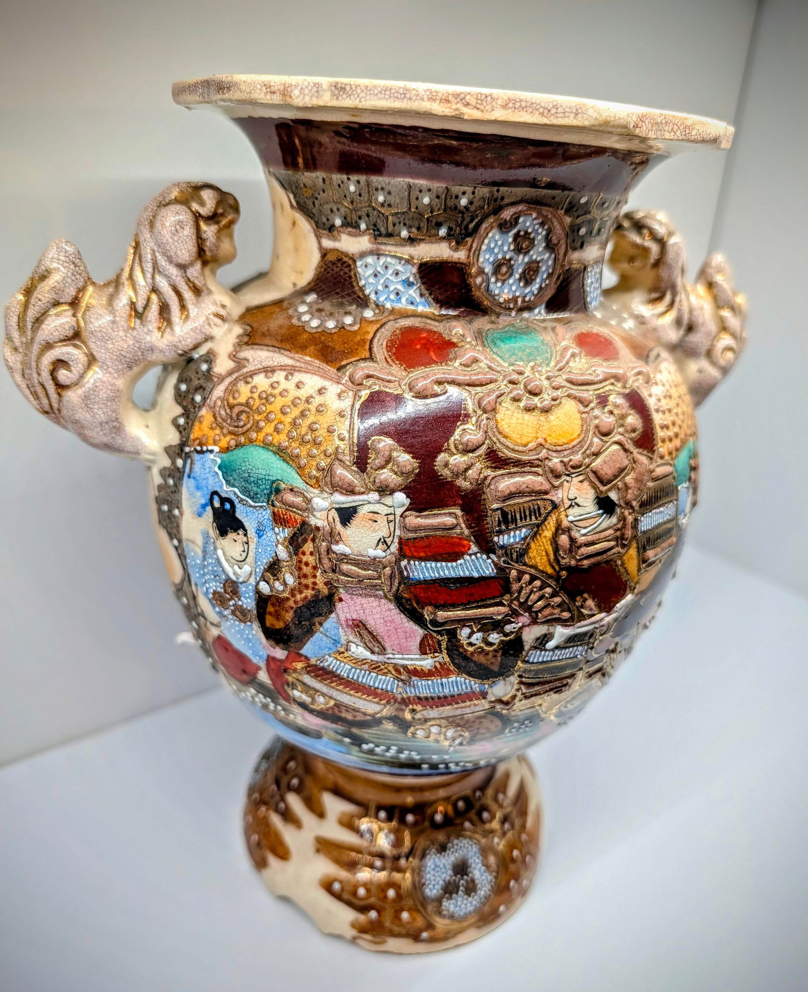 Antique Japanese Satsuma Moriage Vase With Samurai Scene & Figural Handles – 14" - 15