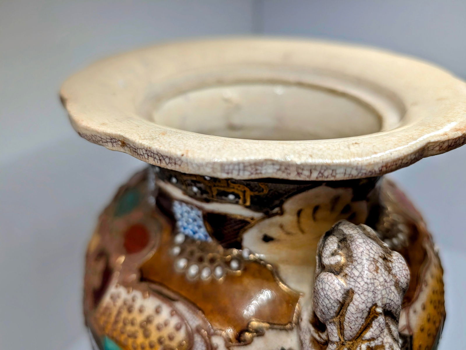 Antique Japanese Satsuma Moriage Vase With Samurai Scene & Figural Handles – 14" - 16