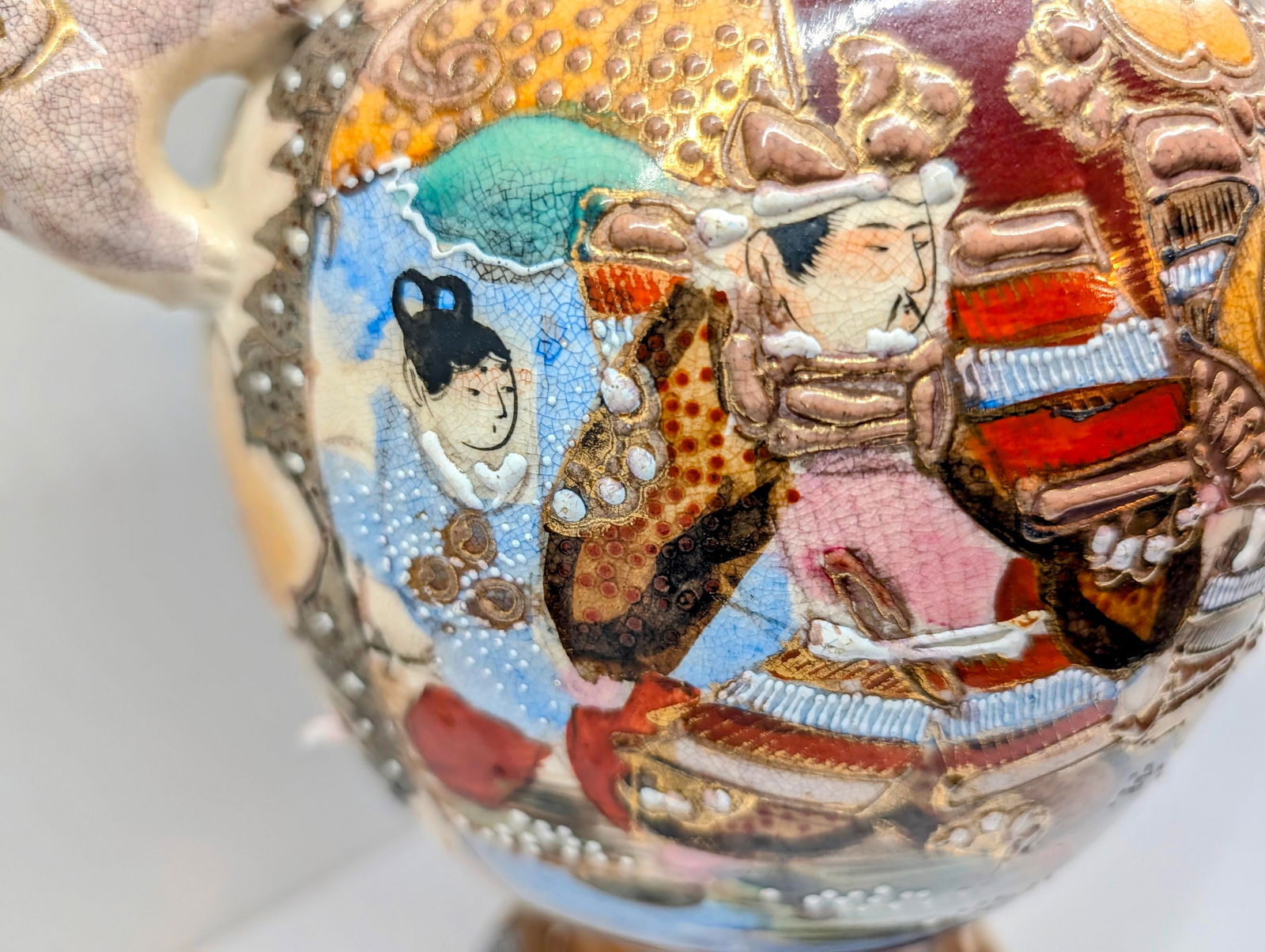 Antique Japanese Satsuma Moriage Vase With Samurai Scene & Figural Handles – 14" - 17