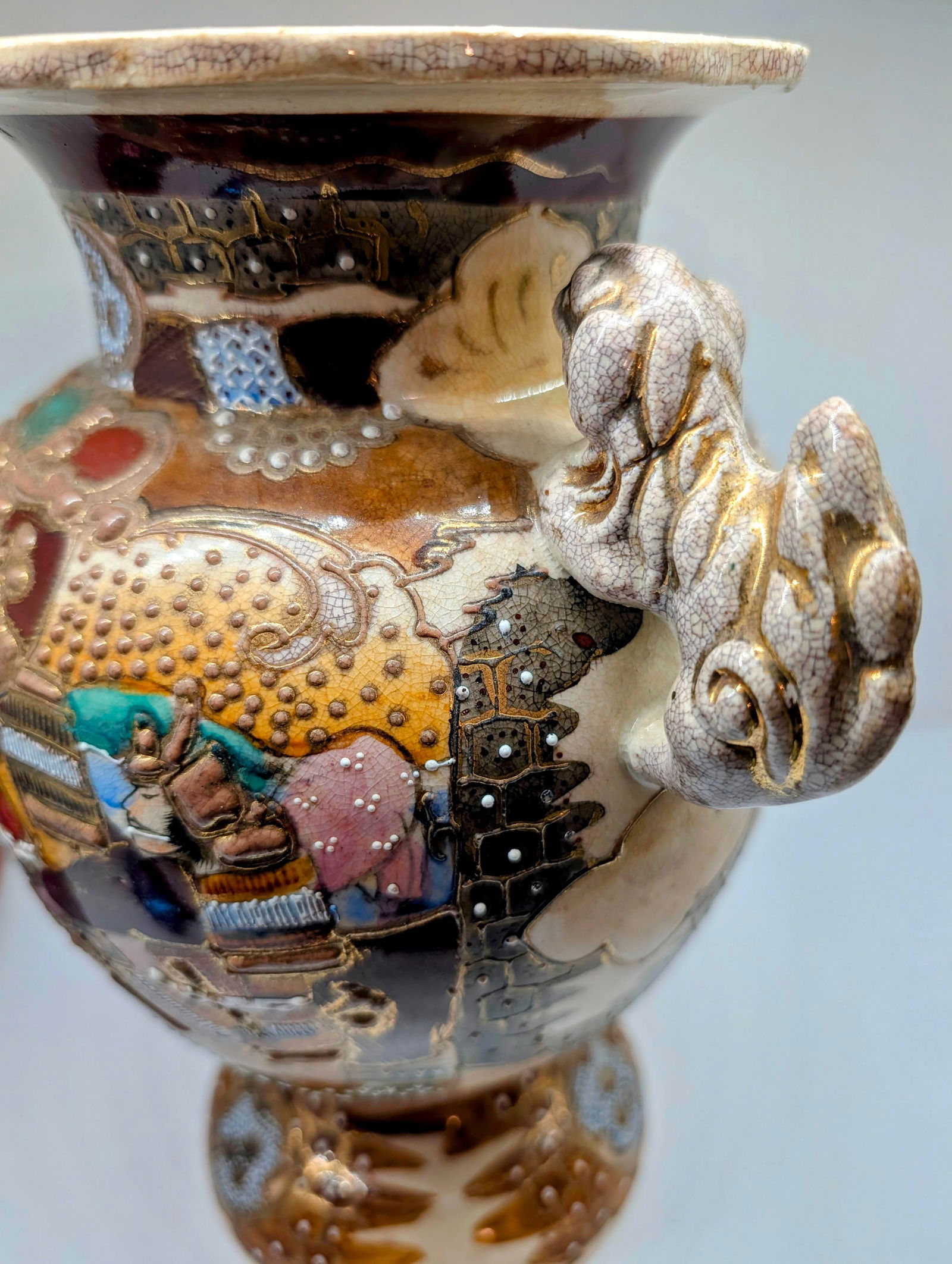 Antique Japanese Satsuma Moriage Vase With Samurai Scene & Figural Handles – 14" - 18