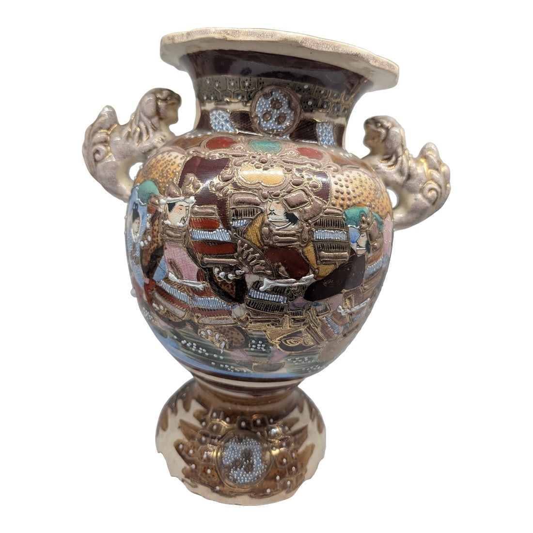 Antique Japanese Satsuma Moriage Vase With Samurai Scene & Figural Handles – 14": This striking antique Japanese Satsuma vase features richly detailed hand-painted panels depicting samurai warriors and traditional court figures. The surface is decorated with intricate moriage
