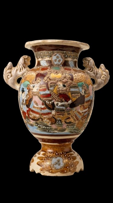 Antique Japanese Satsuma Moriage Vase With Samurai Scene & Figural Handles – 14" - 2