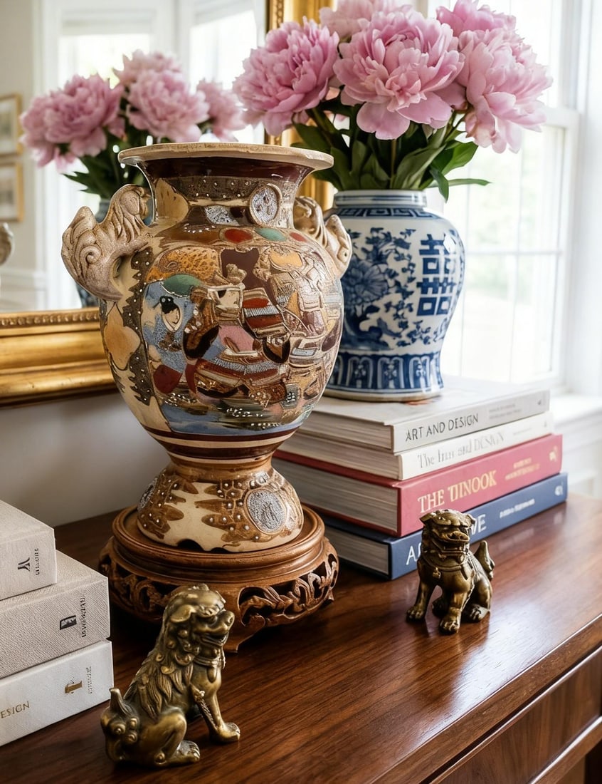 Antique Japanese Satsuma Moriage Vase With Samurai Scene & Figural Handles – 14" - 3