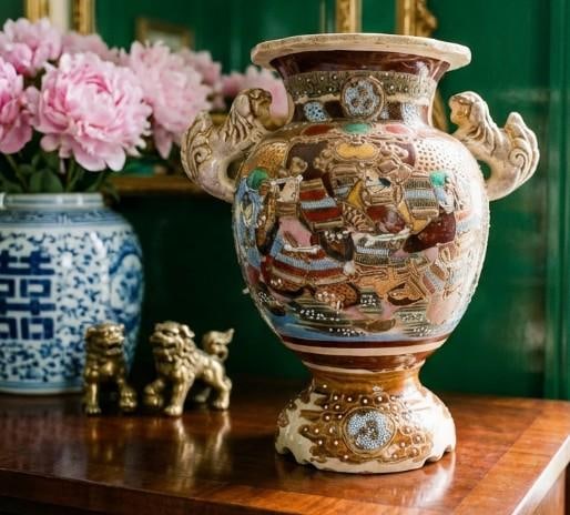 Antique Japanese Satsuma Moriage Vase With Samurai Scene & Figural Handles – 14" - 4