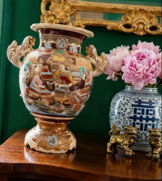 Antique Japanese Satsuma Moriage Vase With Samurai Scene & Figural Handles – 14" - 5