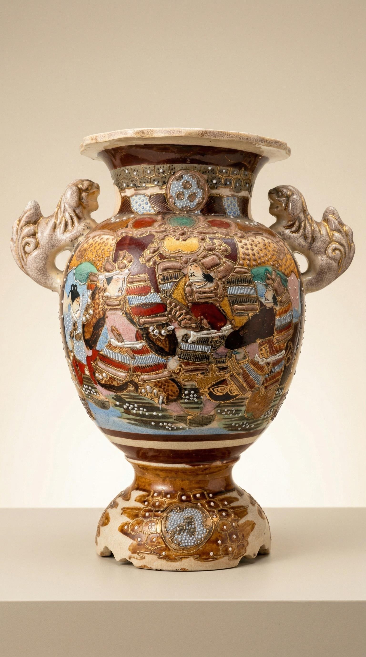 Antique Japanese Satsuma Moriage Vase With Samurai Scene & Figural Handles – 14" - 6