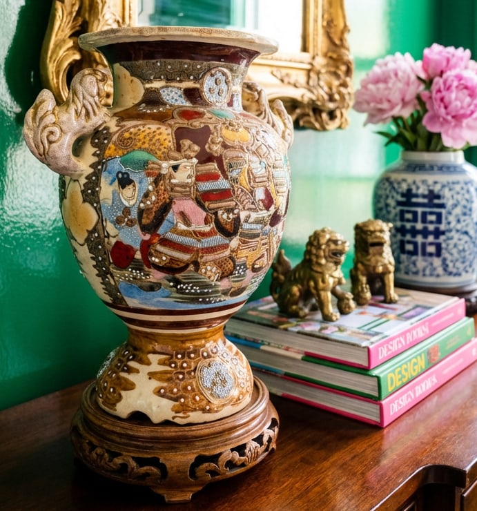 Antique Japanese Satsuma Moriage Vase With Samurai Scene & Figural Handles – 14" - 7