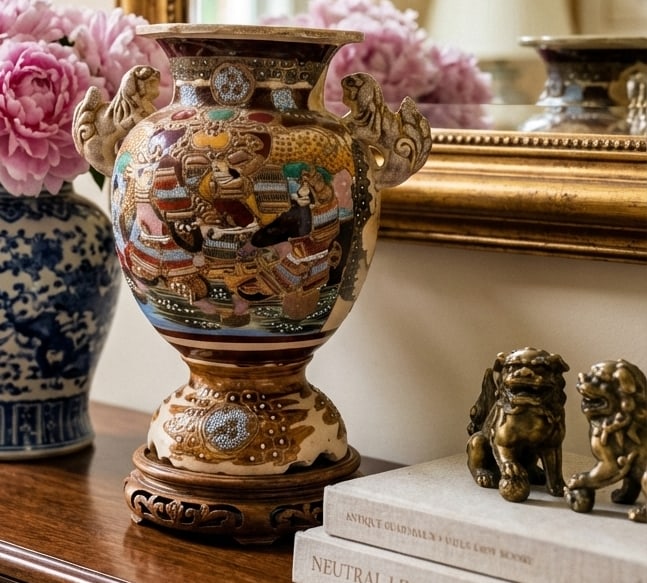 Antique Japanese Satsuma Moriage Vase With Samurai Scene & Figural Handles – 14" - 8