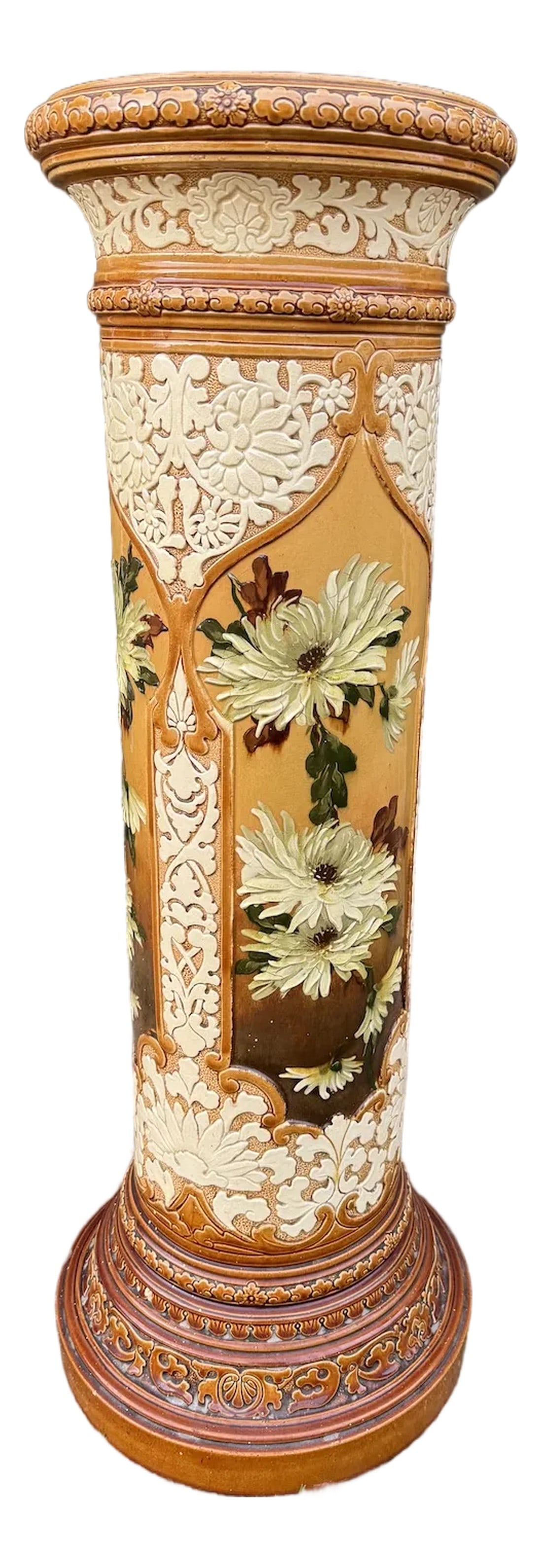 1913 English Porcelain Pedestal Floral Cream Antique Column: Antique English Porcelain Pedestal Column, 1913 This impressive antique porcelain pedestal was made in England in 1913 and represents exceptional early 20th-century decorative craftsmanship. The