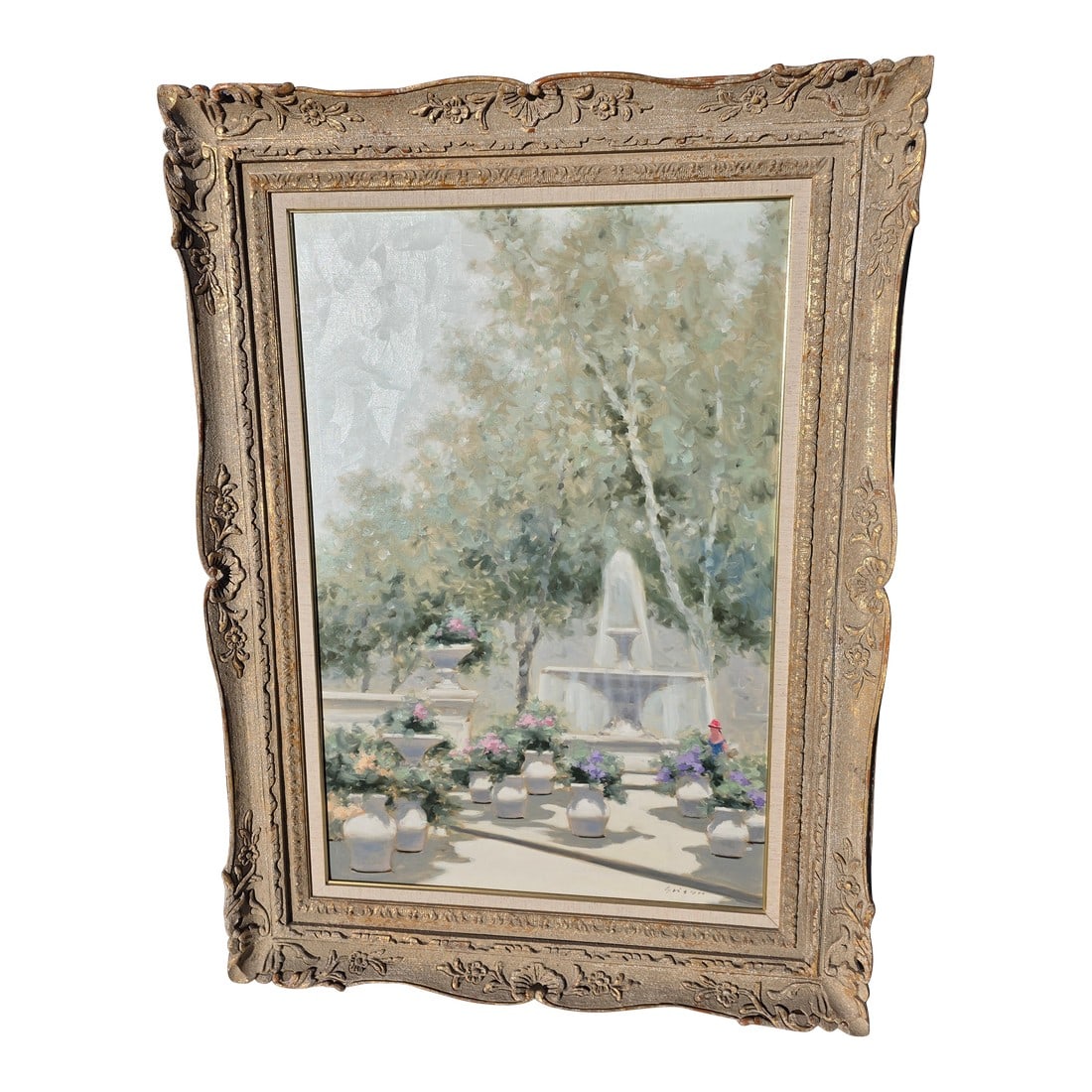 Andre Gisson Impressionist Painting of a Fountain in a Park: Beautiful 20th century American Impressionist Painting of a lady in a park and a Fountain by Andre Gasson. Gasson (1921-2003) birth name Anders Gittelson studied at the Pratt Institute and he is