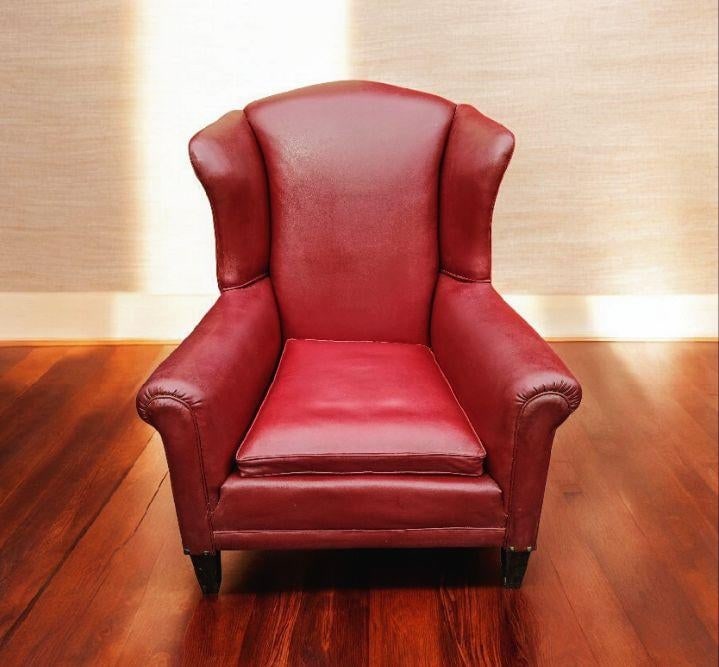 Vintage Red Leather Wingback Chair & Ottoman - 4