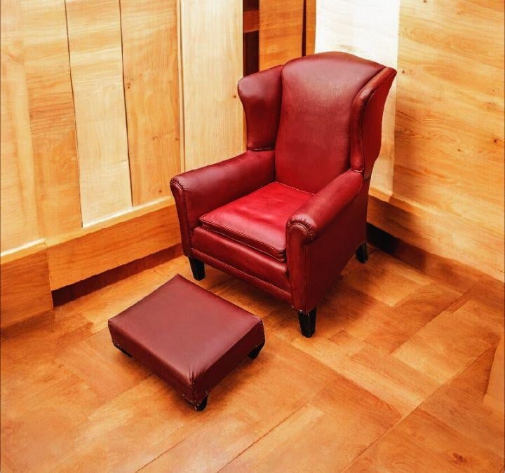 Vintage Red Leather Wingback Chair & Ottoman - 5