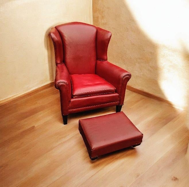 Vintage Red Leather Wingback Chair & Ottoman - 6