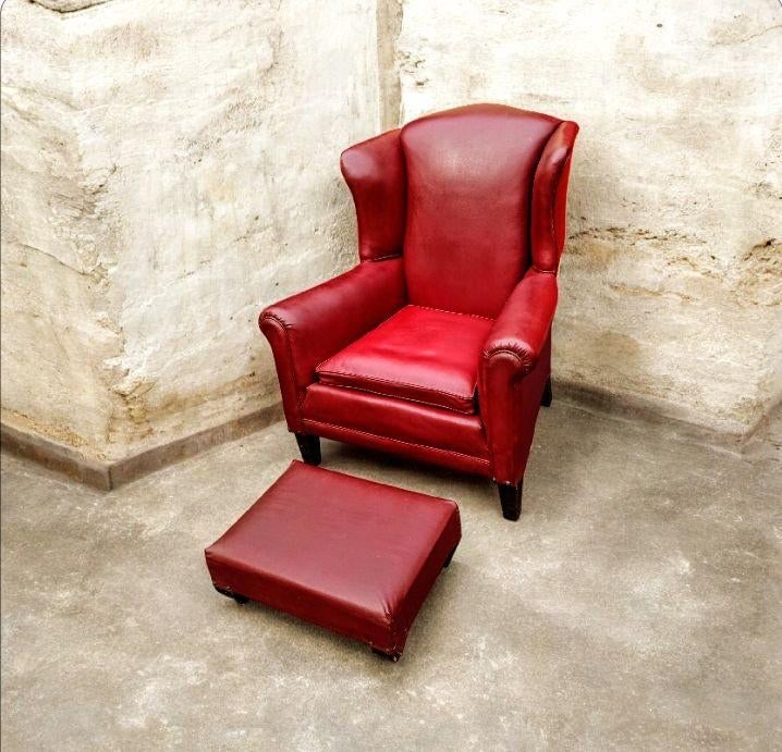 Vintage Red Leather Wingback Chair & Ottoman - 7
